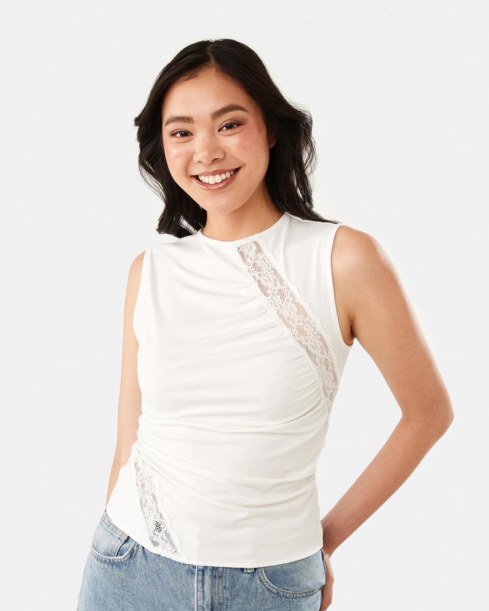 1 Sleeveless Lace Trim Drape Tank Cld White, 1 of 6