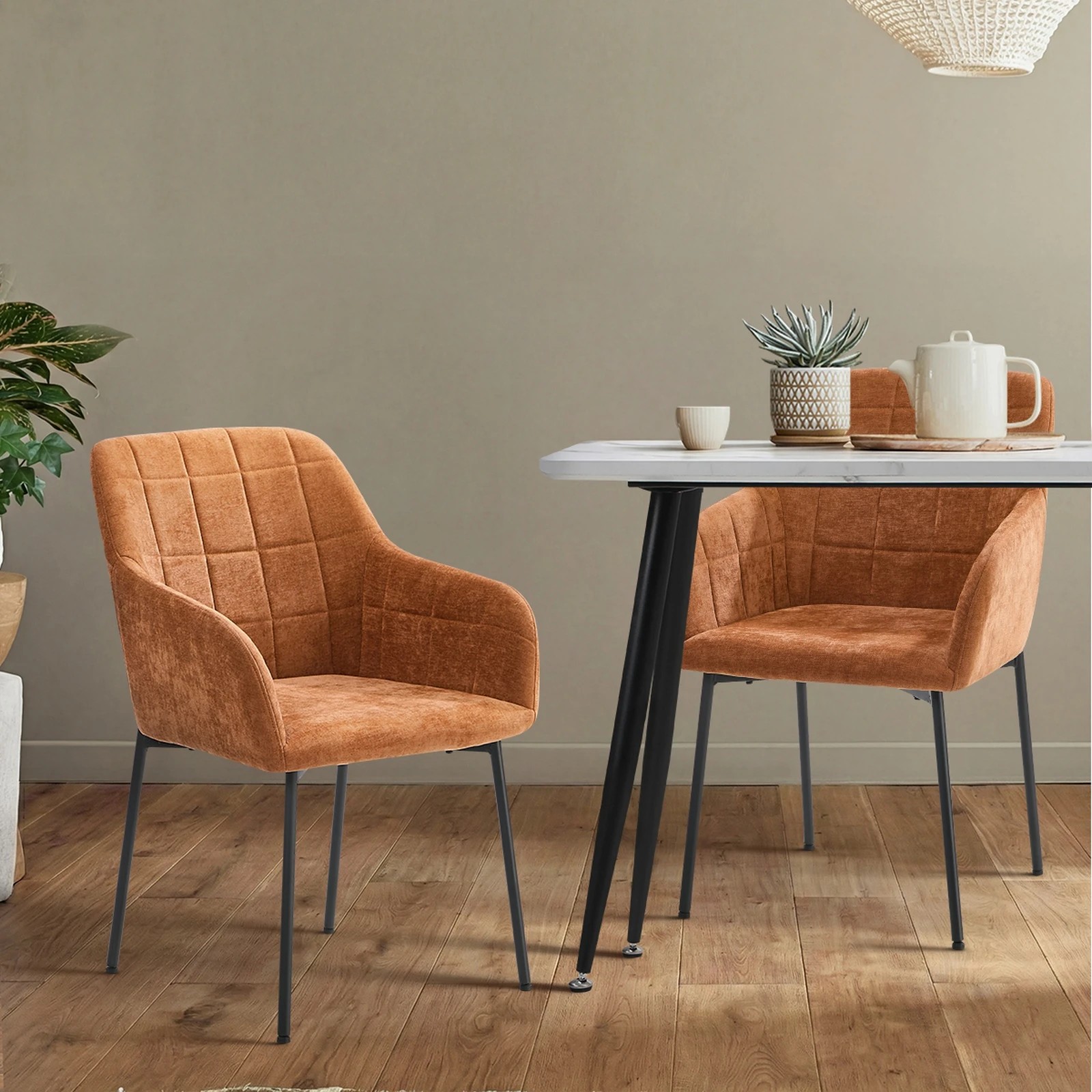 4 Oikiture 6x Dining Chairs Kitchen Accent Armchairs Chenille Fabric - Orange, 4 of 10
