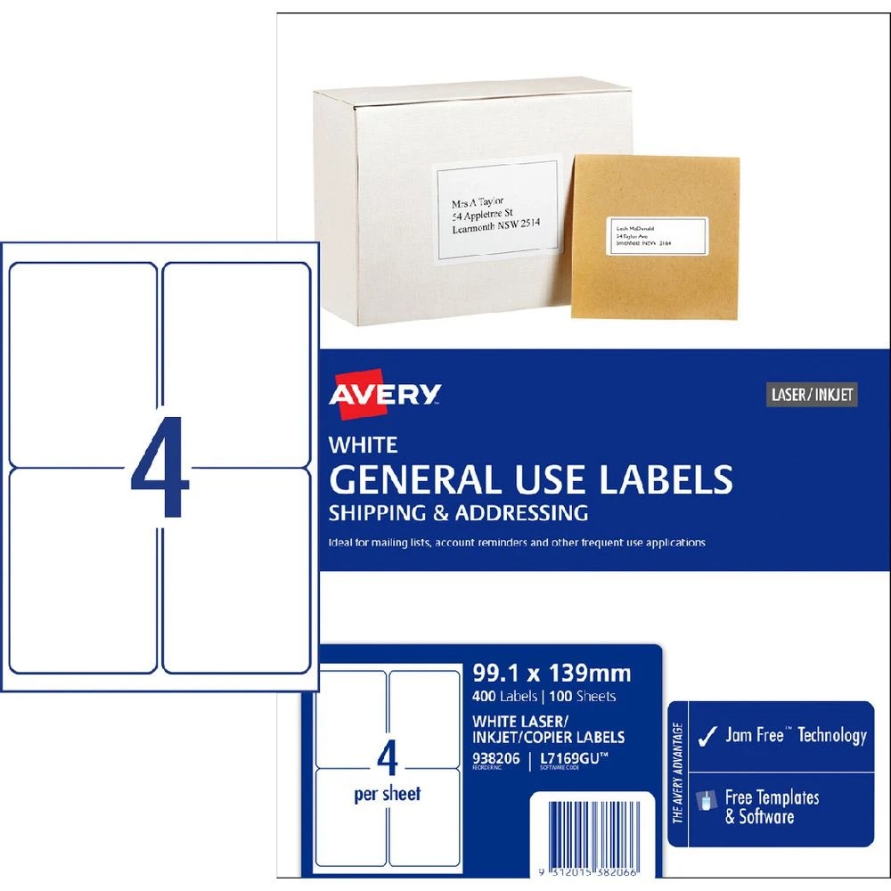 1 Avery 4UP Inkjet Laser General Use Labels White 100 Sheets, 1 of 3