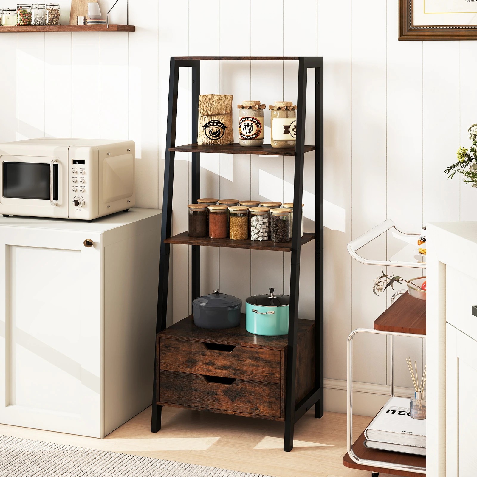 2 Costway Ladder Bookshelf w/Storage Shelf & Drawer Tall Display Rack Bookcase - Brown, 2 of 4