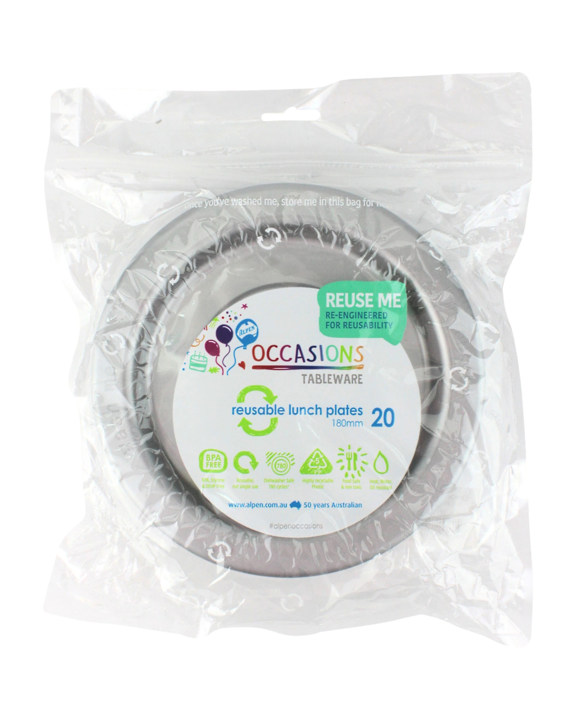 2 Alpen 18cm Plastic Reusable Plates Pack of 20 - Silver - Silver, 2 of 3