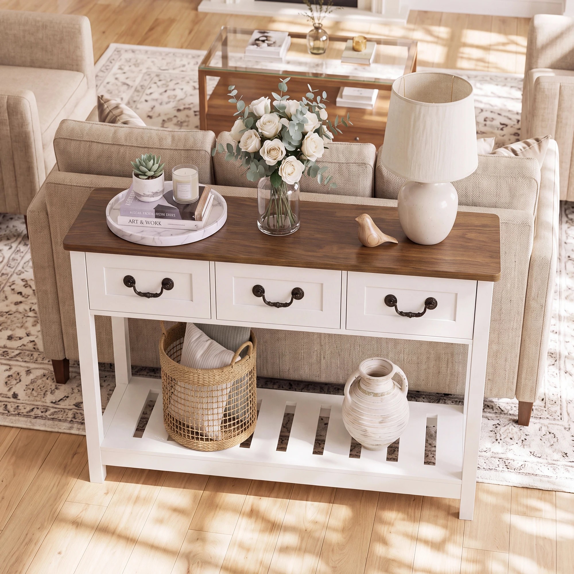 4 Advwin 100cm Console Table with 3 Drawers & Open Shelf Vintage Narrow Hallway Table - White, 4 of 8