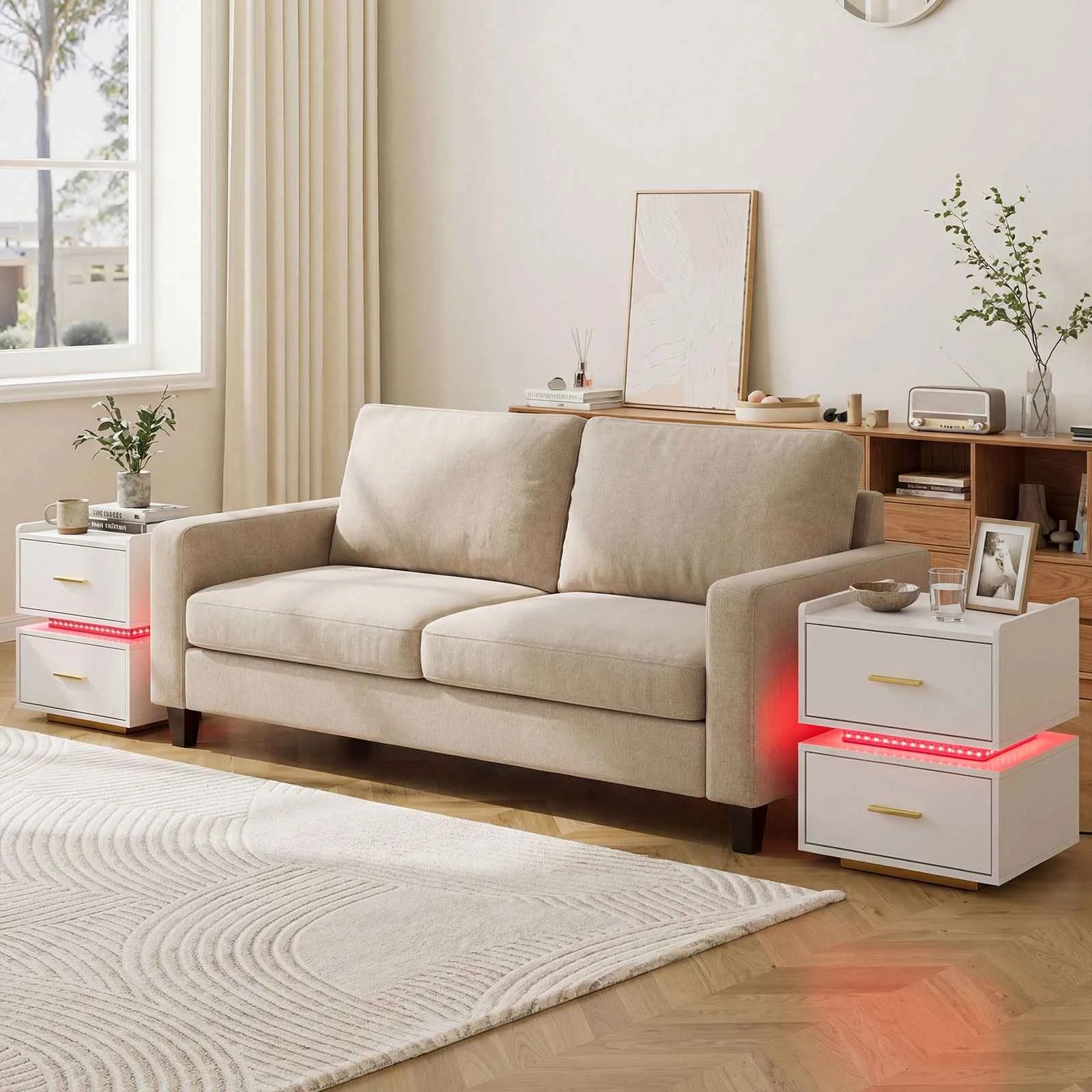 3 Costway LED Bedside Table w/Charging Station Modern Semi-floating Nightstand - White, 3 of 5