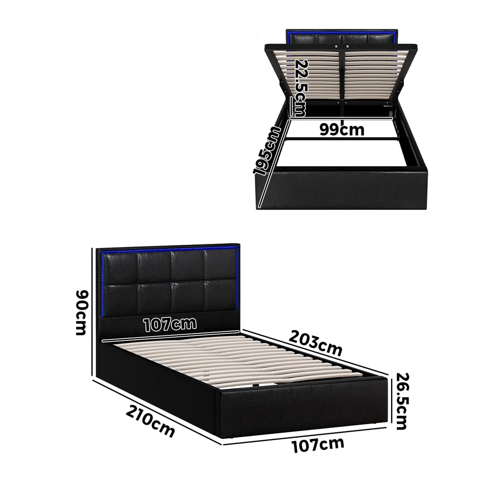 2 Oikiture Bed Frame King Single Size RGB LED Gas Lift Storage Base Leather - Black, 2 of 9