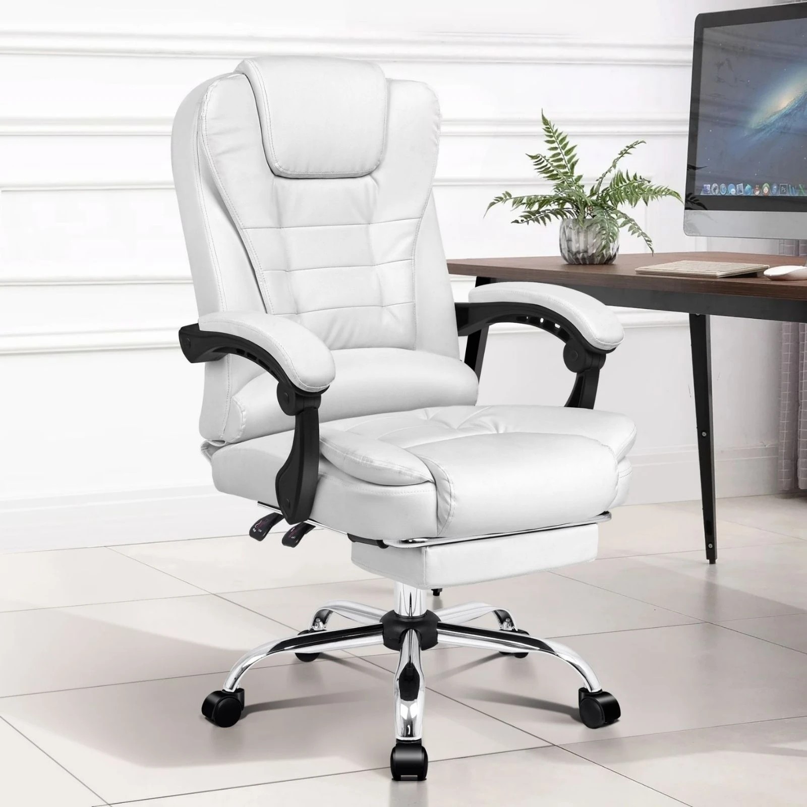 2 Alfordson Office Chair Executive Gaming Computer Racer PU Leather Seat Recliner - White, 2 of 10