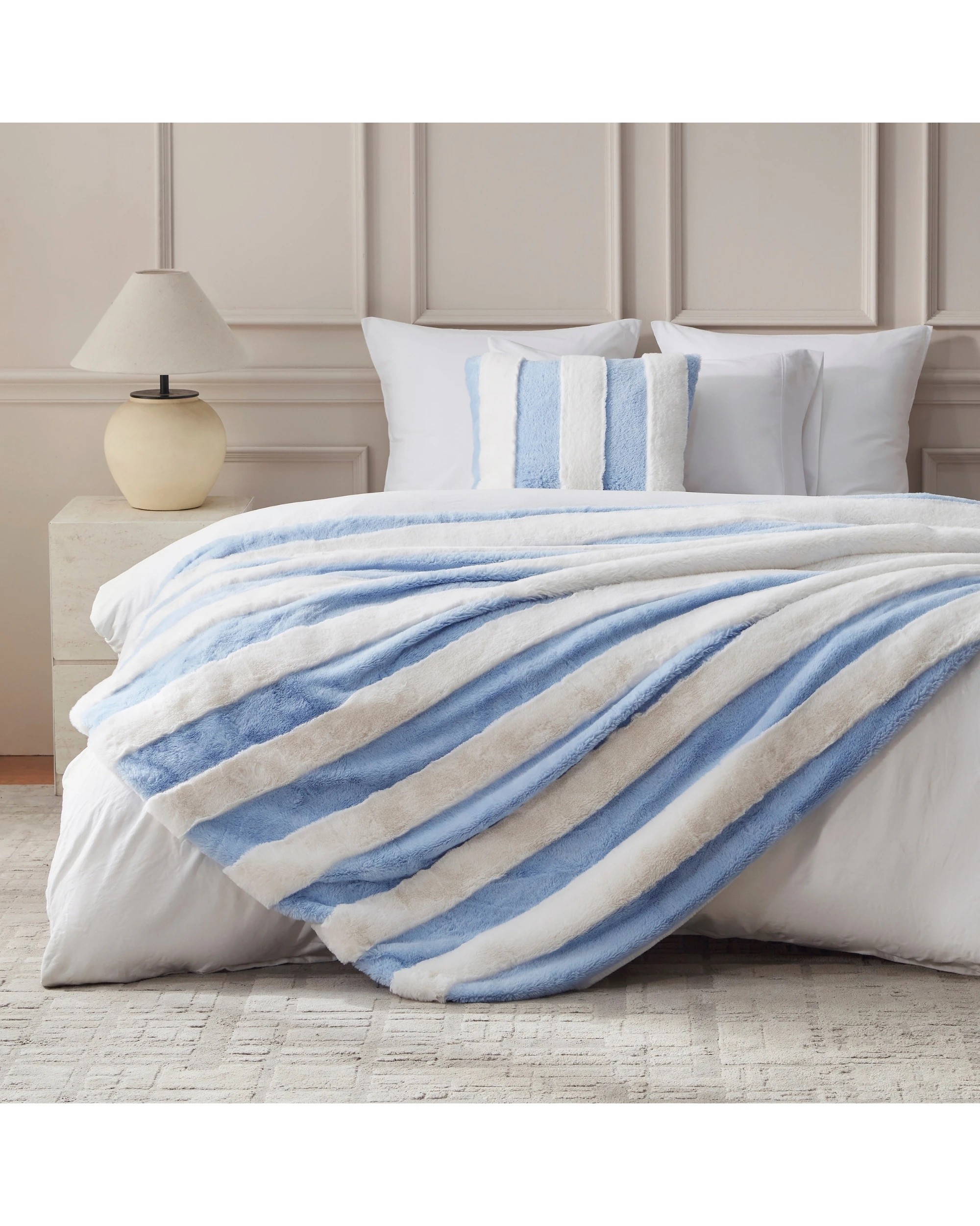 1 Dreamaker Denver Carved Stripe Faux Fur Throw 180x200cm - Sky, 1 of 8