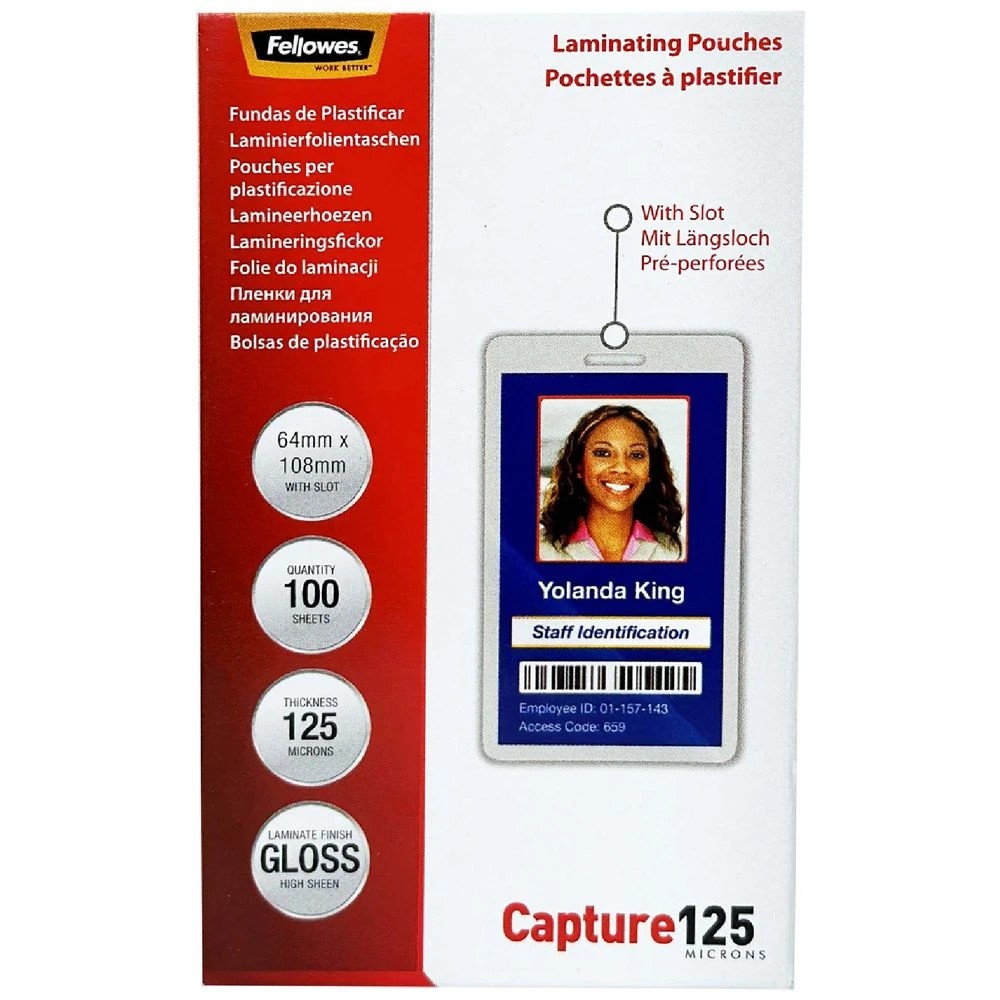 1 Fellowes Laminating Pouch 64x108mm 125 Micron Gloss 100 Pack, 1 of 2