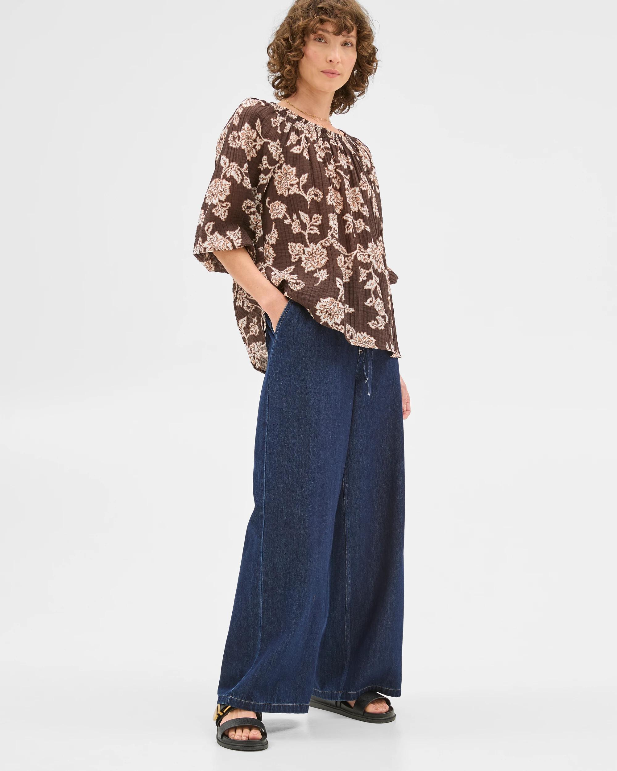 1 Target Woman Viscose/nylon Long Sleeve Shirred Neck Blouse, Mediterranean Bloom MEDITERRANEAN BLOOM, 1 of 6