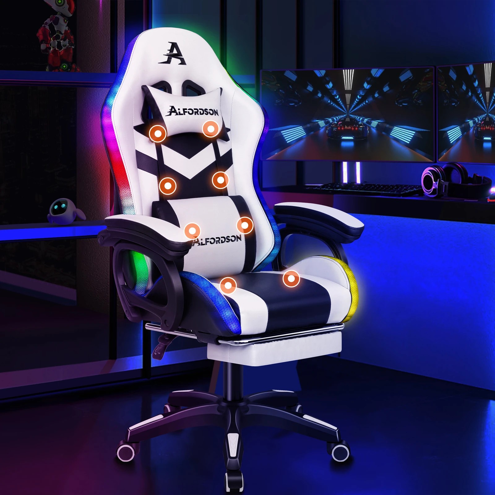 3 Alfordson Gaming Office Chair 12 RGB LED Massage Computer Seat Footrest - White, 3 of 10