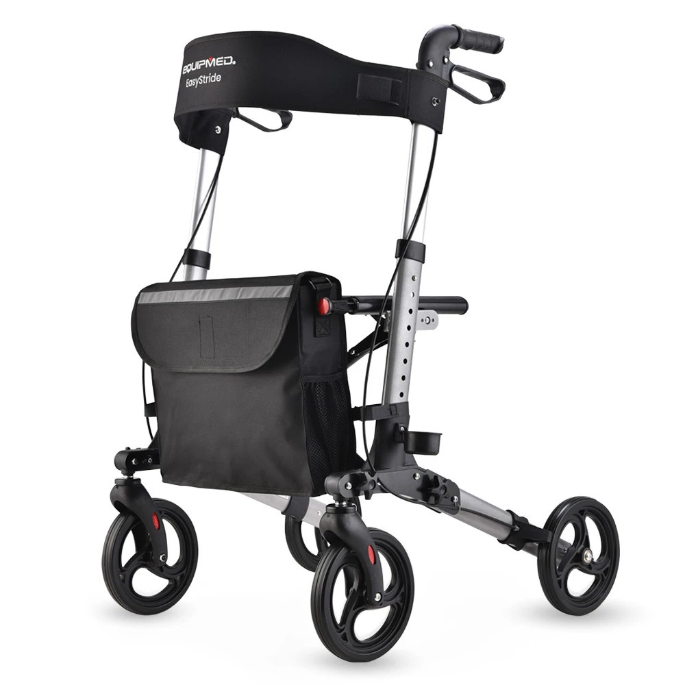 1 Equipmed Foldable Aluminium Walking Frame Rollator with Bag and Seat, Silver, 1 of 1