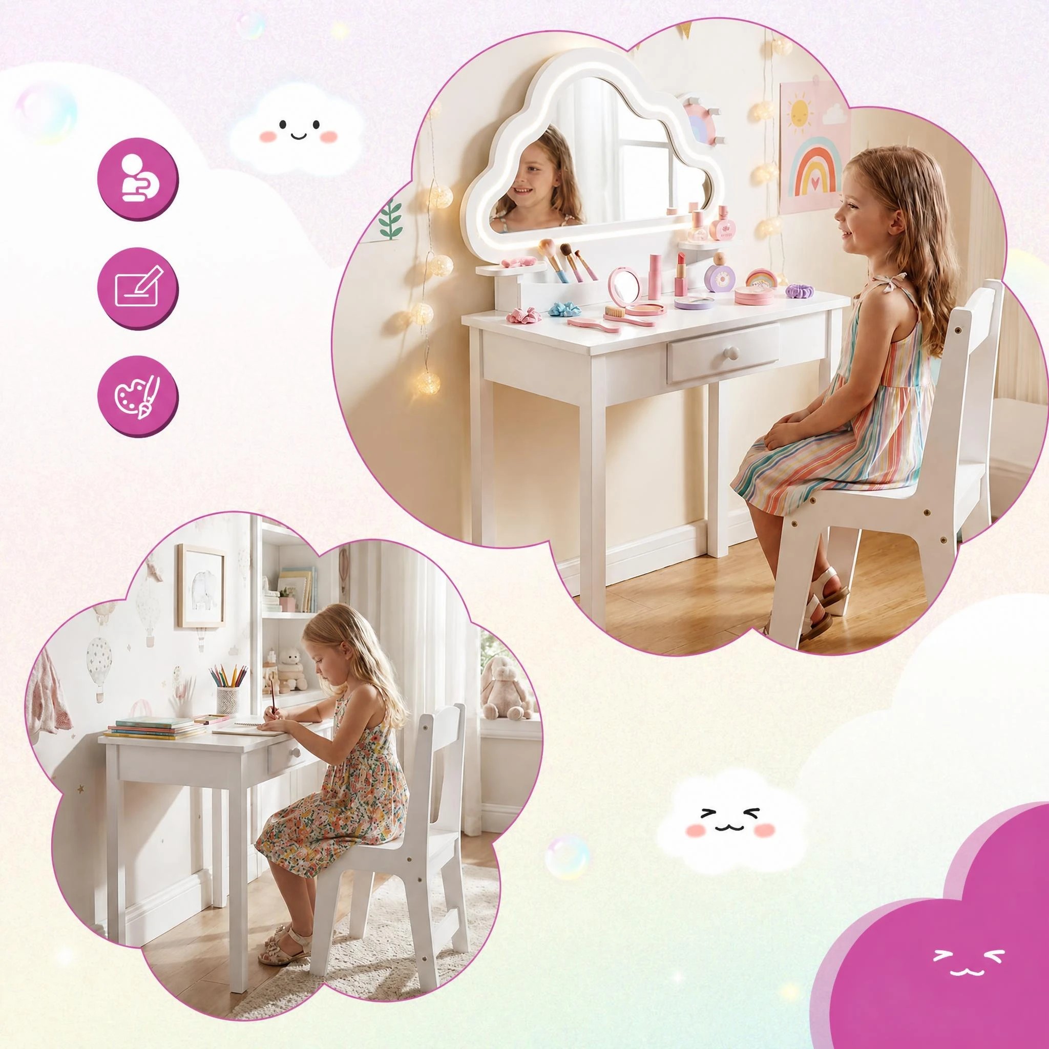 5 Costway Vanity Set Lighted Cloud Mirror 2-in-1 Princess Makeup Dressing Table Chair - White, 5 of 8