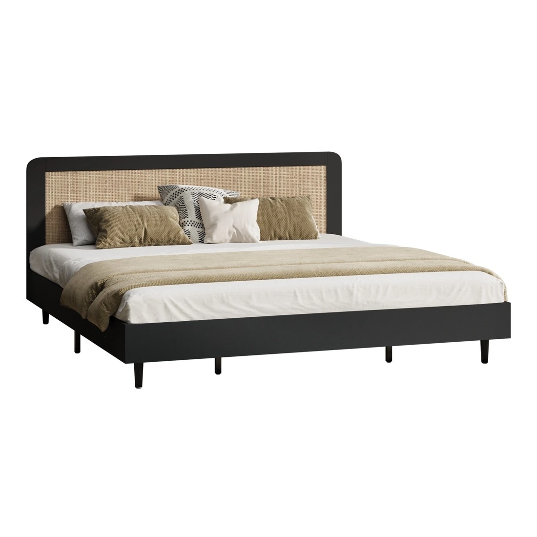 1 Oikiture King Bed Wooden Bed Frame With Rattan Headboard
 - Black, 1 of 10