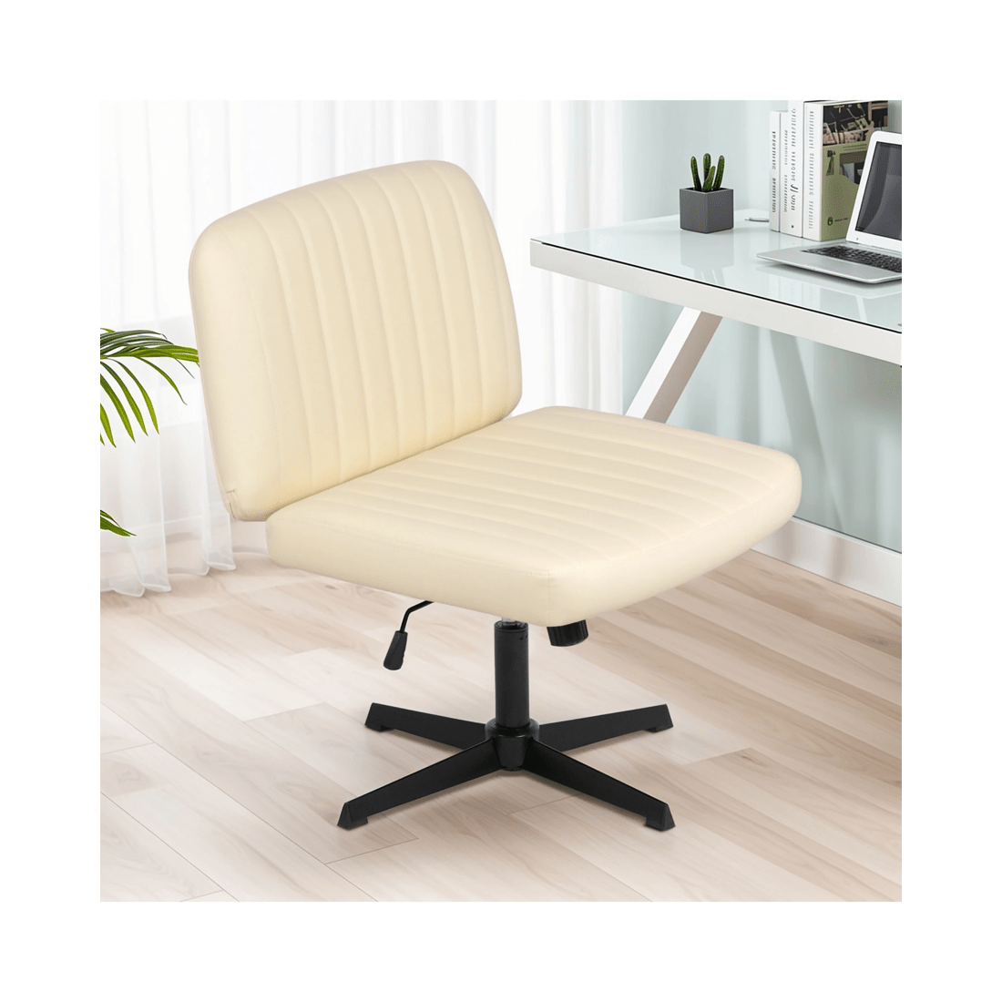 3 Advwin Armless Office Chair Criss-cross  Chair Pu Leather  Ergonomic Computer Chair No Wheel Beige, 3 of 9