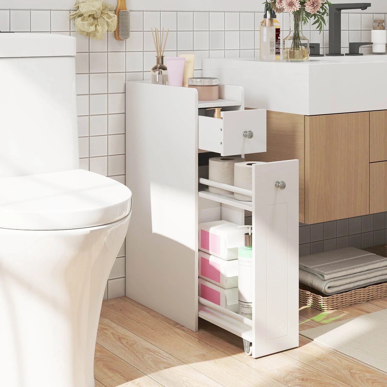 4 Costway Slim Bathroom Storage Cabinet Space-saving Toilet Side Cabinet - White, 4 of 6