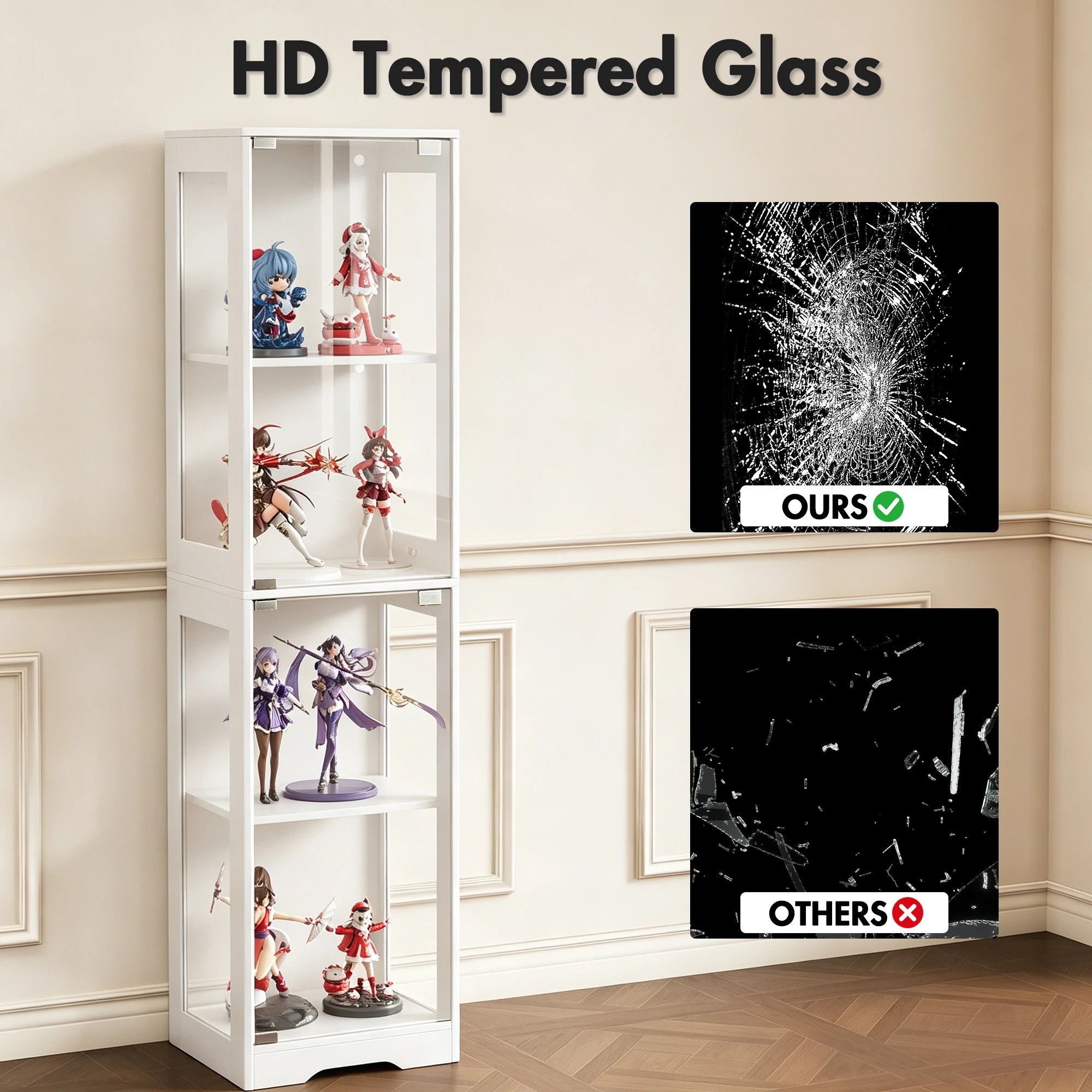 7 Advwin 4 Tier LED Glass Display Cabinet 160cm High Tall Storage Bookshelf - White, 7 of 9