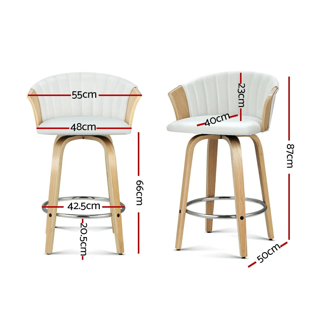 2 Artiss 2x Bar Stools Swivel Leather Chairs Wooden - White, 2 of 6