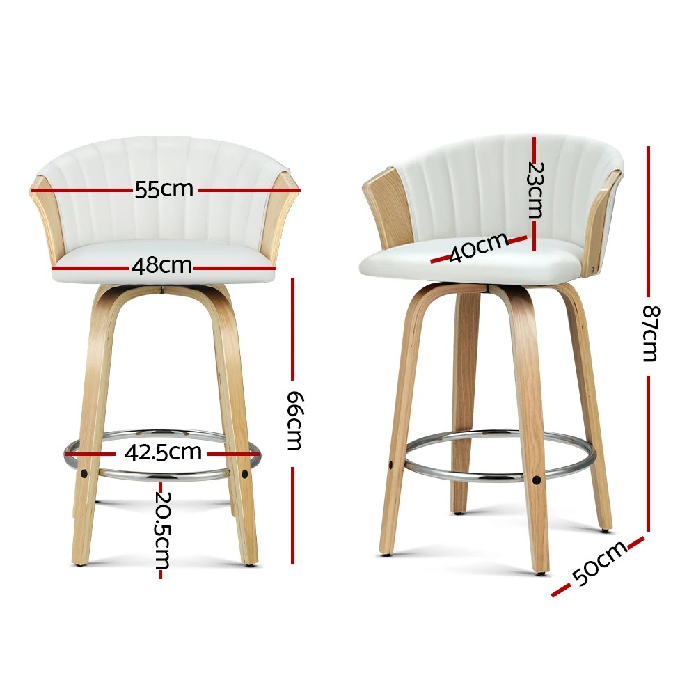 2 Artiss 2x Bar Stools Swivel Leather Chairs Wooden - White, 2 of 5