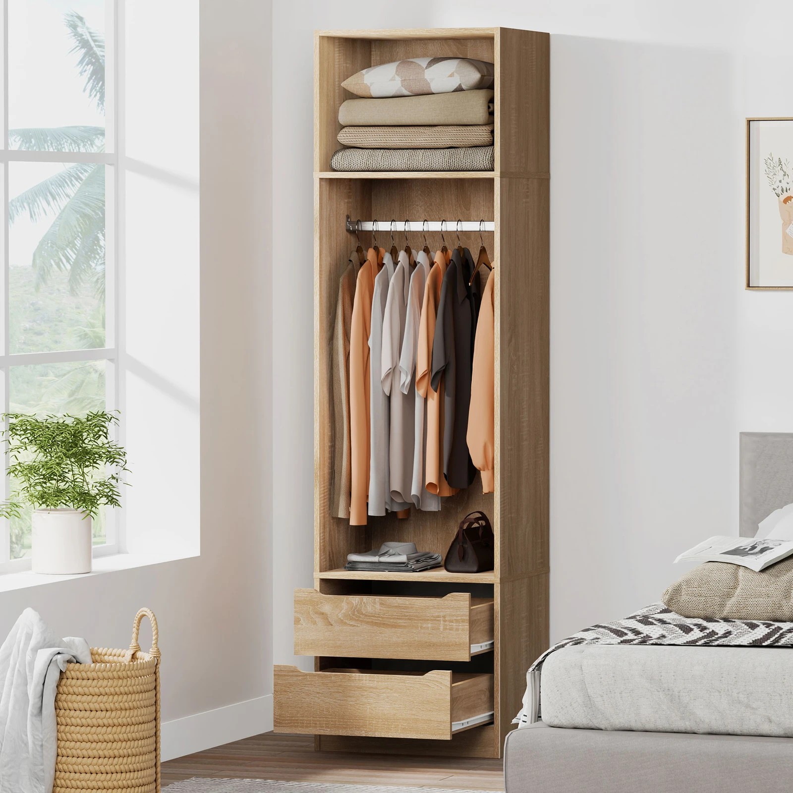 3 Alfordson Wardrobe 2 Drawers Clothes Storage Cabinet Hanging Rod - Oak, 3 of 10