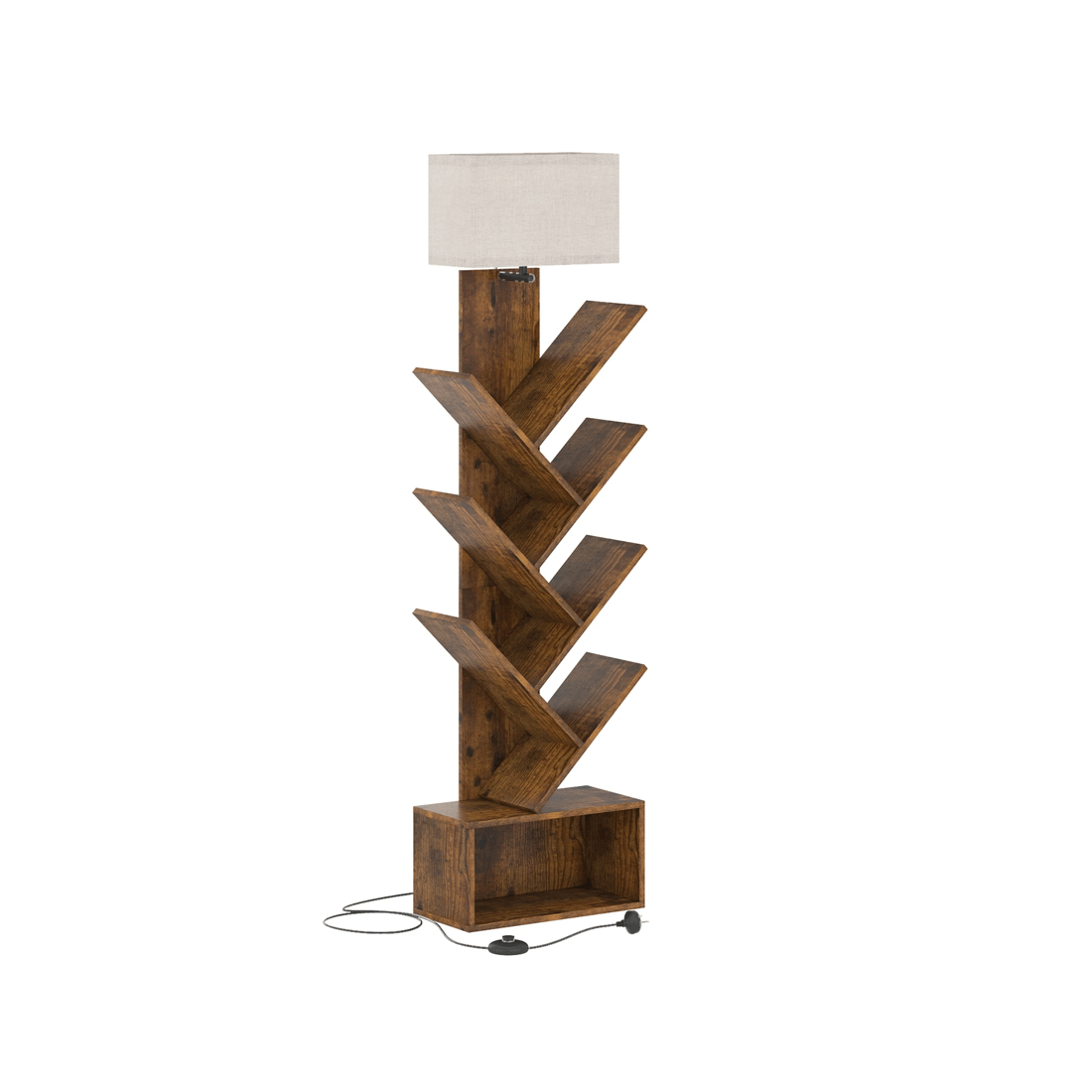 1 Advwin 6 Tier Tree Bookshelf w/ 3-Color Adjustable Light & Storage Cabinet Walnut, 1 of 10