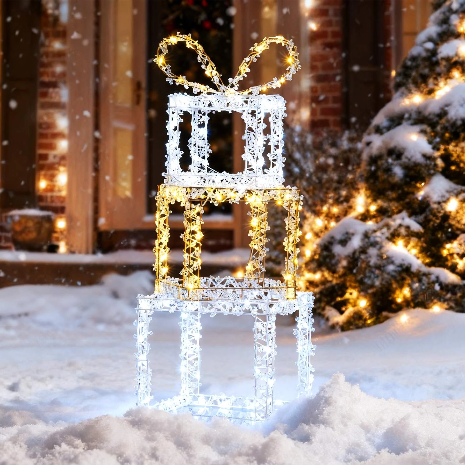 2 Costway 3PCS LED Lighted Gift Box Set Warm & Cool White Xmas Decoration, 2 of 2