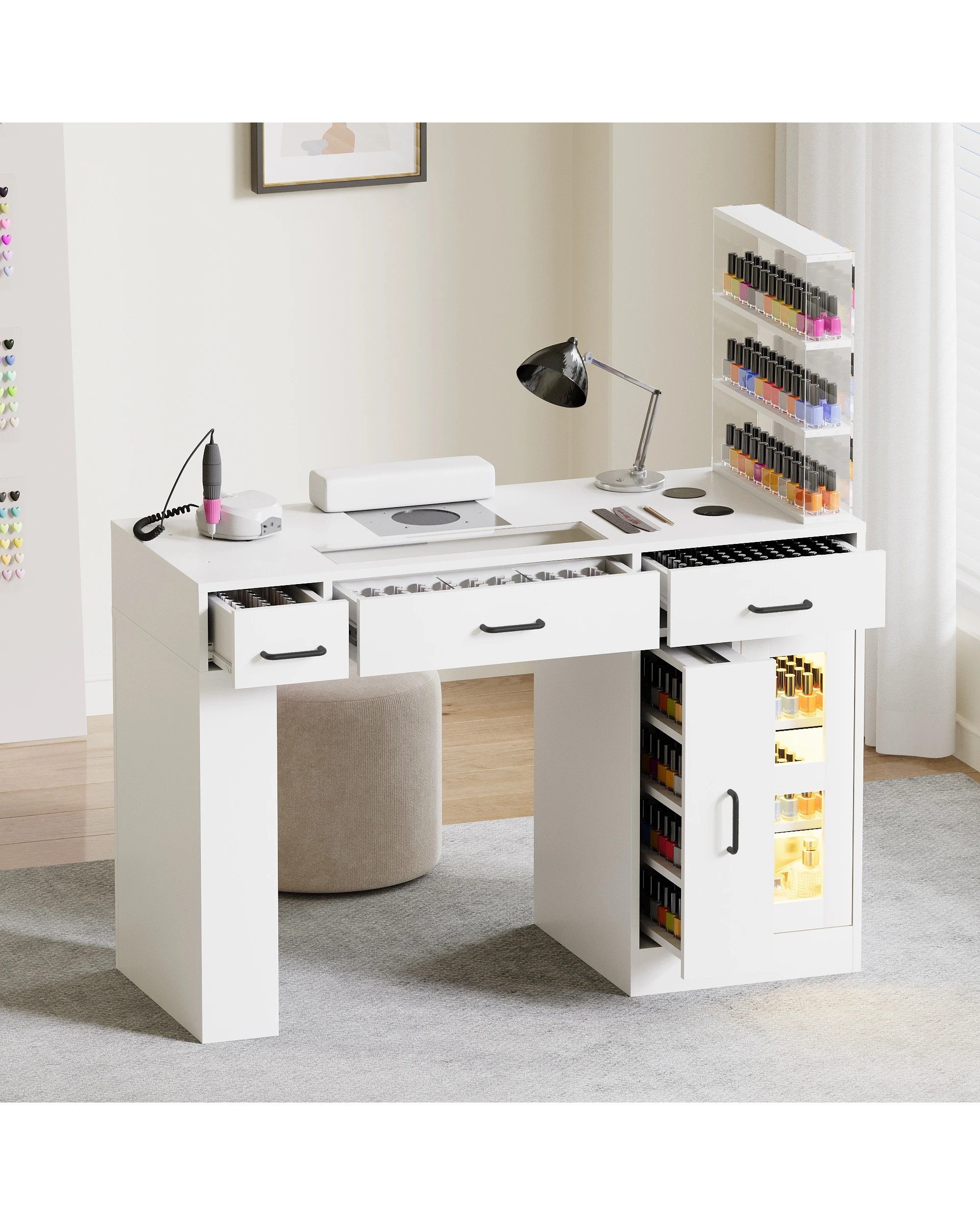 8 Advwin Vanity Nail Desk Manicure Table w/Glass Top Drawer Dust Collector Wireless Charging LED Light - White, 8 of 10