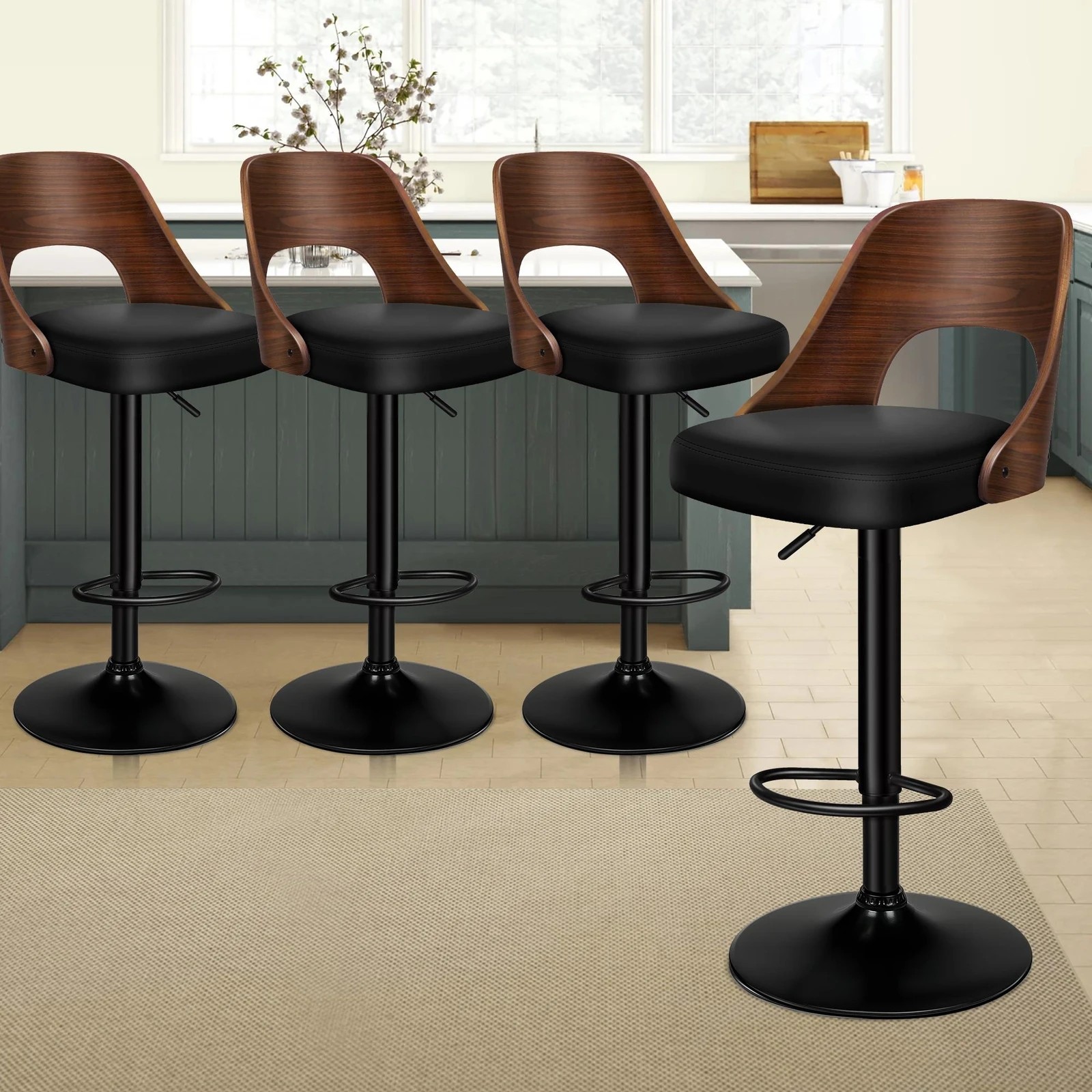 9 Alfordson 2x Bar Stools Kitchen Swivel Chair Wooden Leather Gas Lift - Black, 9 of 10