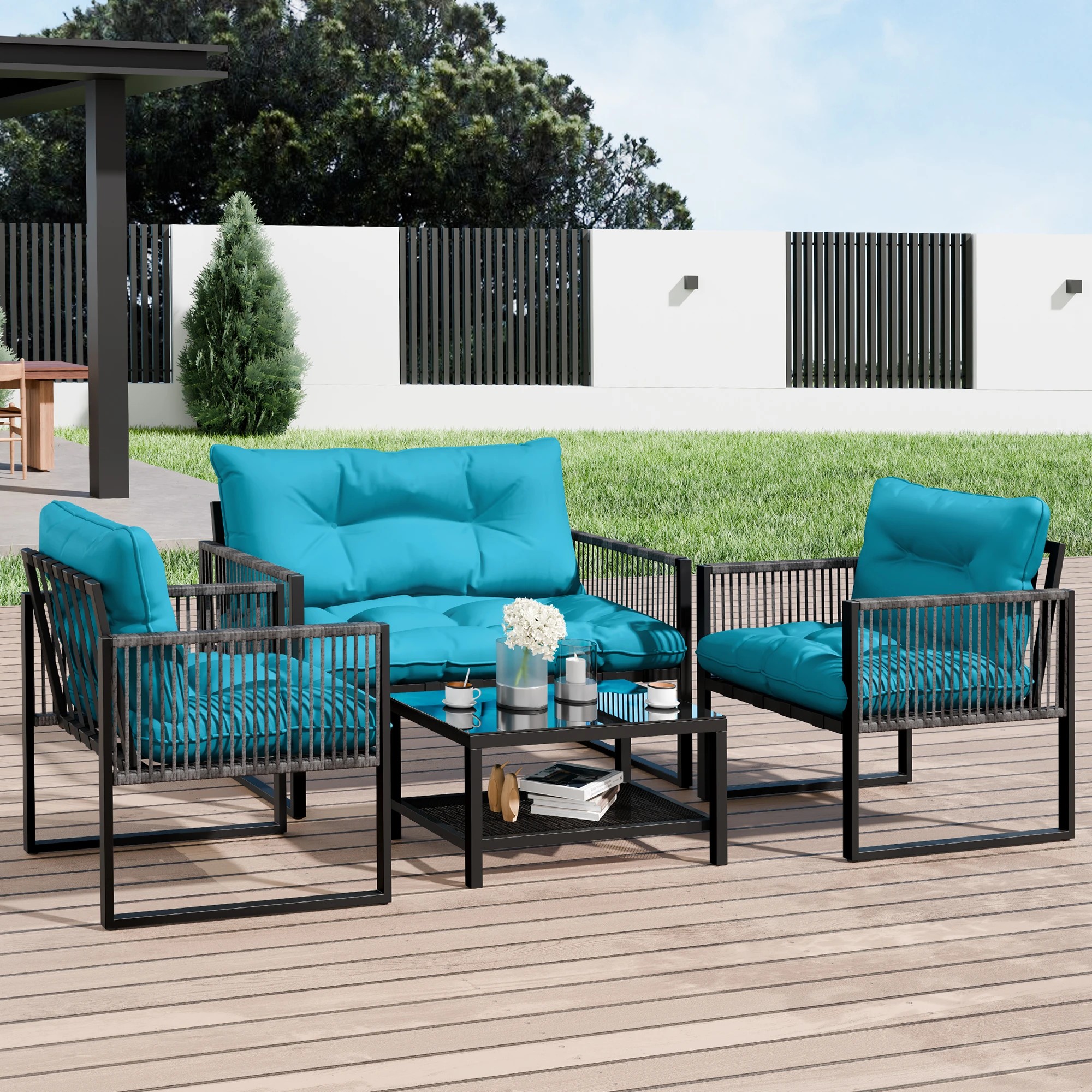 10 Alfordson 4PCS Outdoor Furniture Lounge Set Wicker Table and Chairs Garden - Blue, 10 of 10