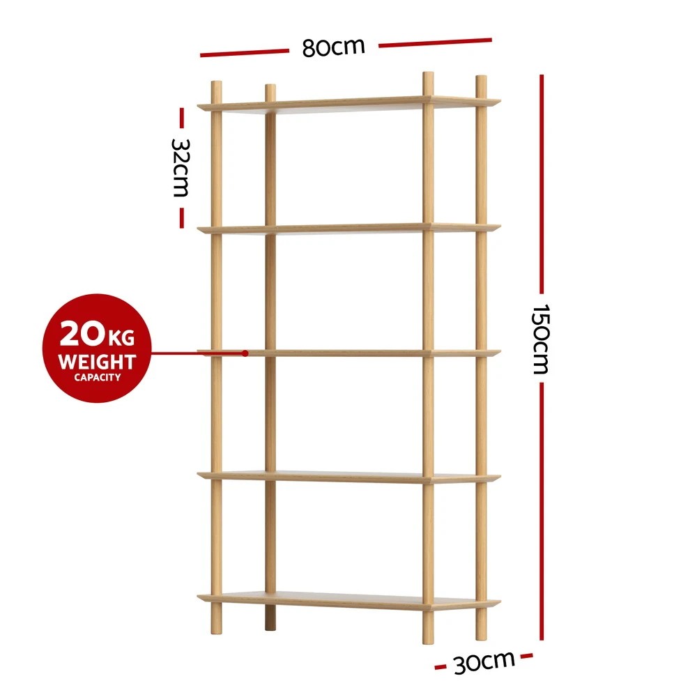 3 Artiss Bookshelf 5 Tiers Bookcase Display Shelves Wooden Storage Stand Rack - Natural, 3 of 5