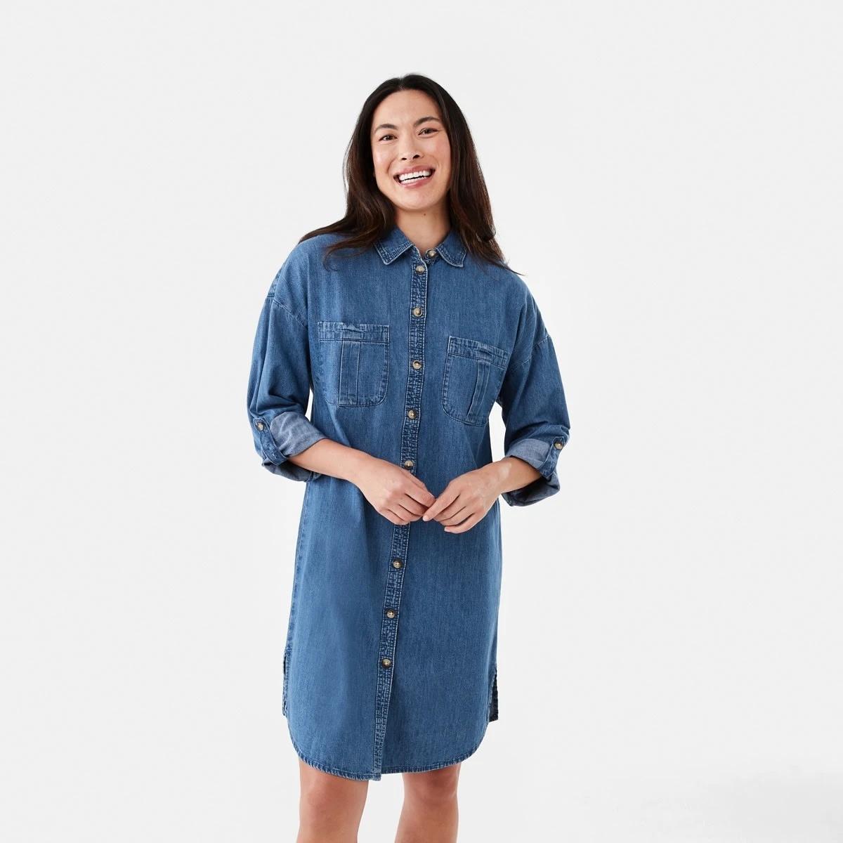 1 Long Sleeve Shift Shirt Mini Dress Mid Wash, 1 of 6