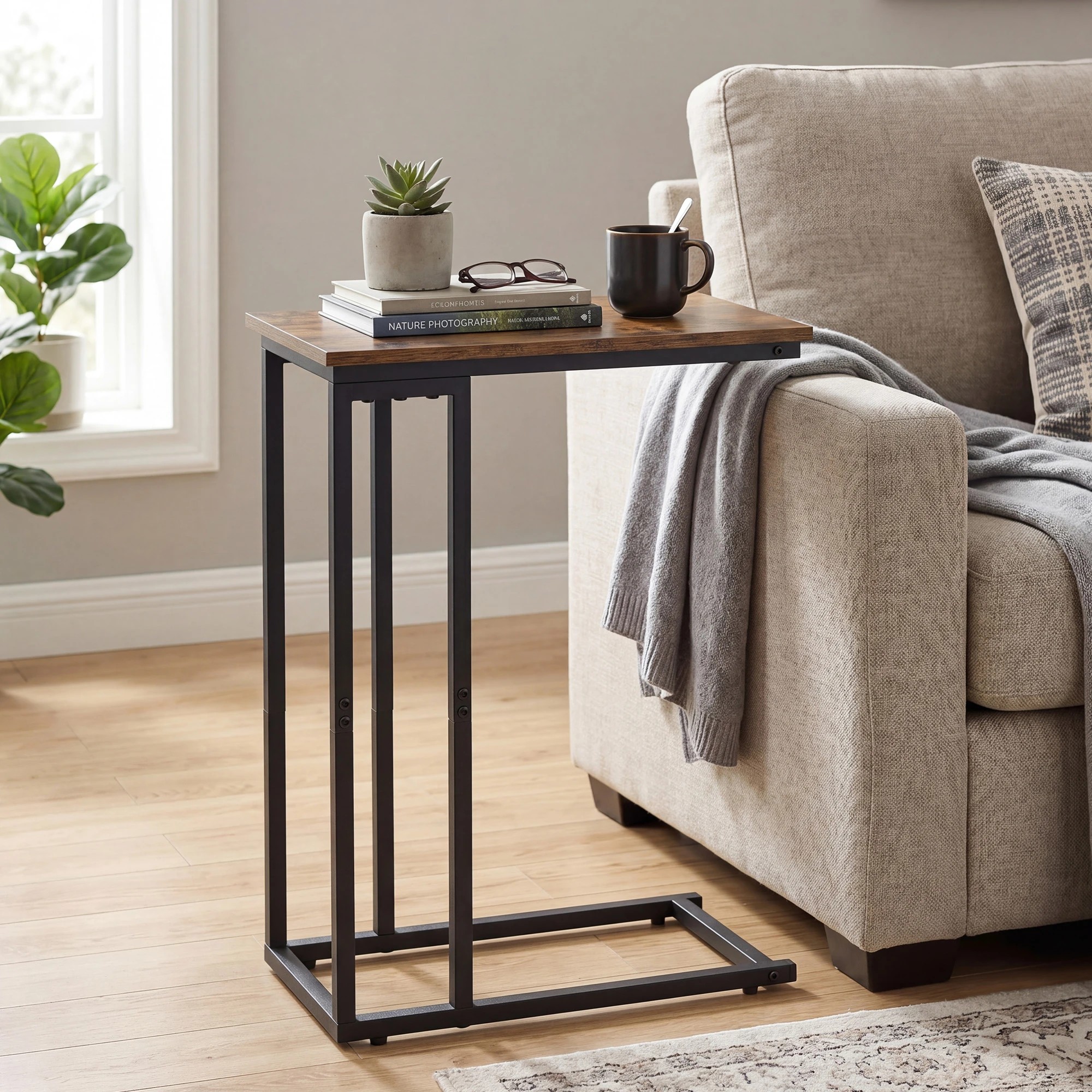 8 Levede C-Shaped Side Table Black, Space Saving Sofa Table for Living Room, 8 of 8