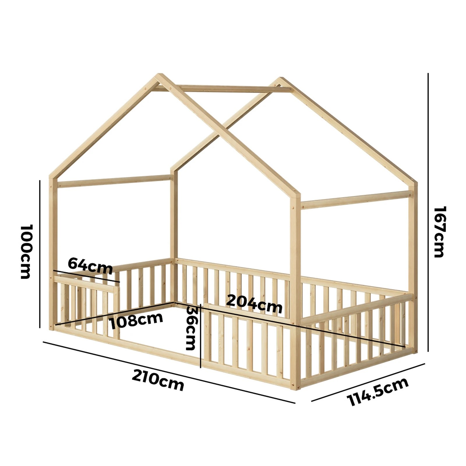 2 Oikiture King Single House Bed Kids Wooden Bed Frame - Natural, 2 of 10