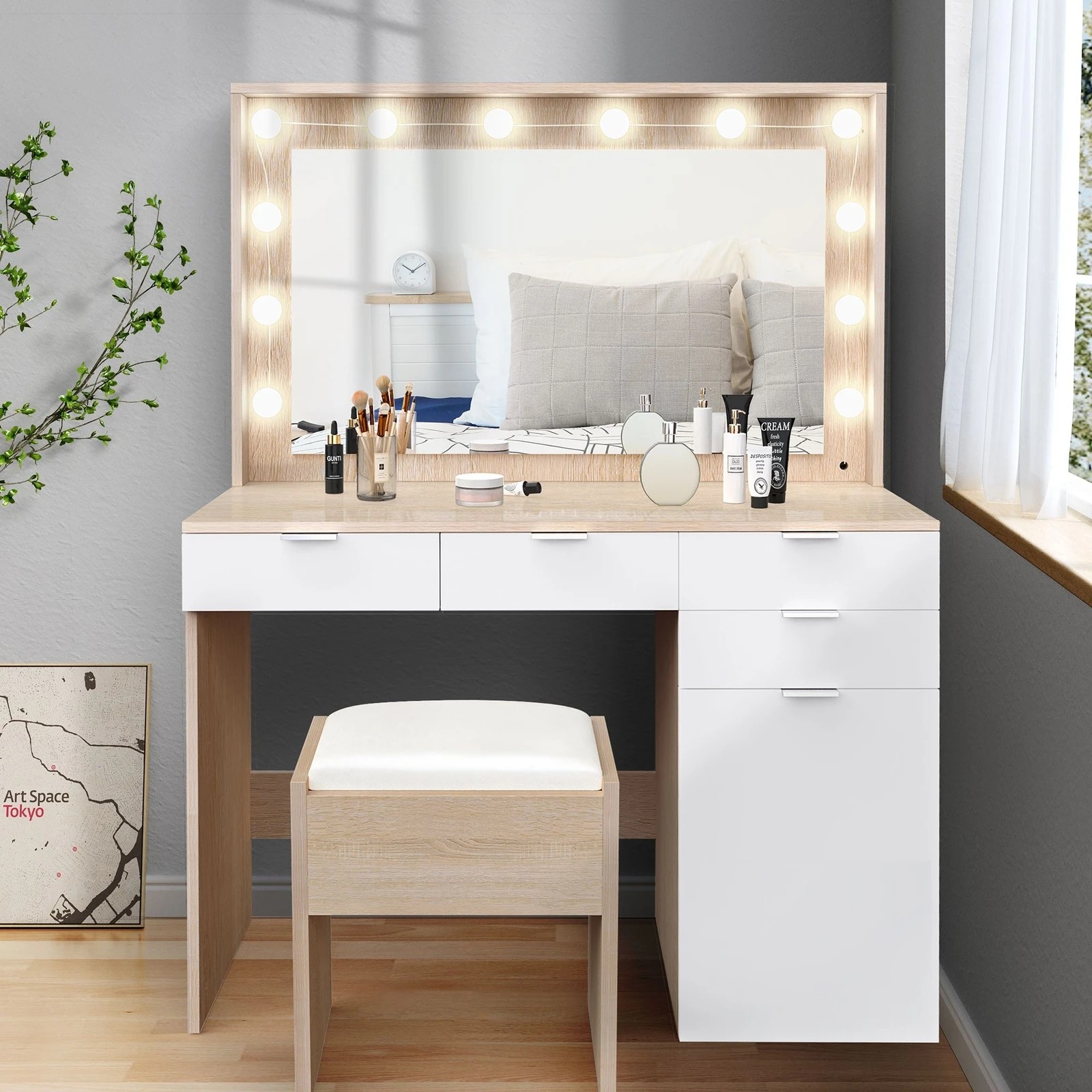 8 Alfordson Dressing Table Stool Set Makeup Mirror Desk 12 LED Bulbs - Oak, 8 of 10