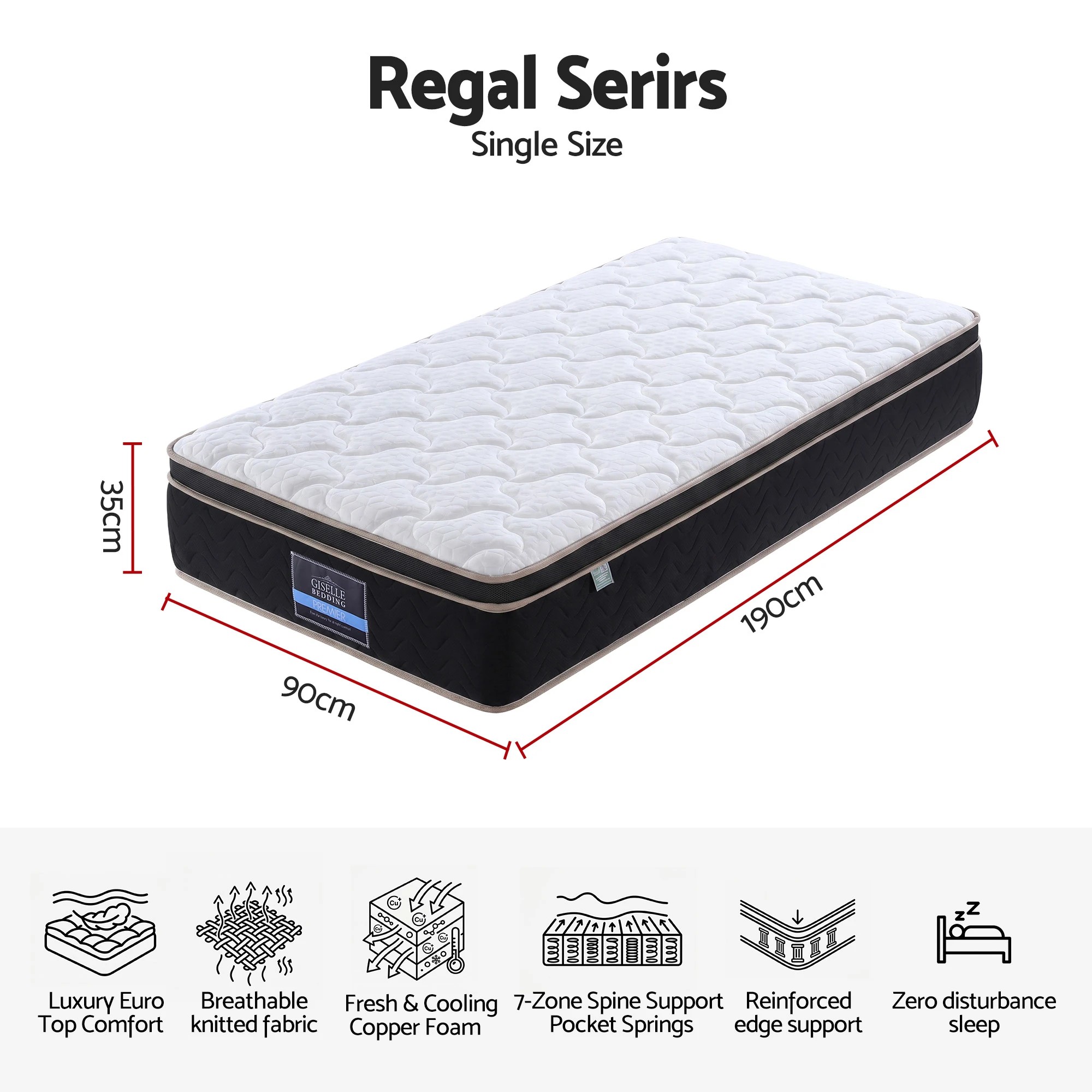 3 Giselle Bedding 35cm Mattress Firm with Copper Memory Foam and Edge Support - Single Bed - Multi, 3 of 9