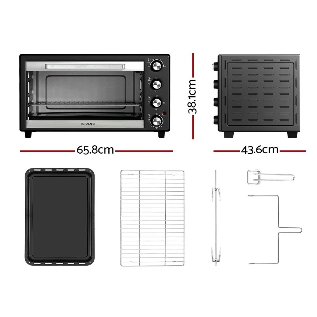 2 Devanti 60L Convection Oven Electric Fryer Ovens 2000W - Black, 2 of 7