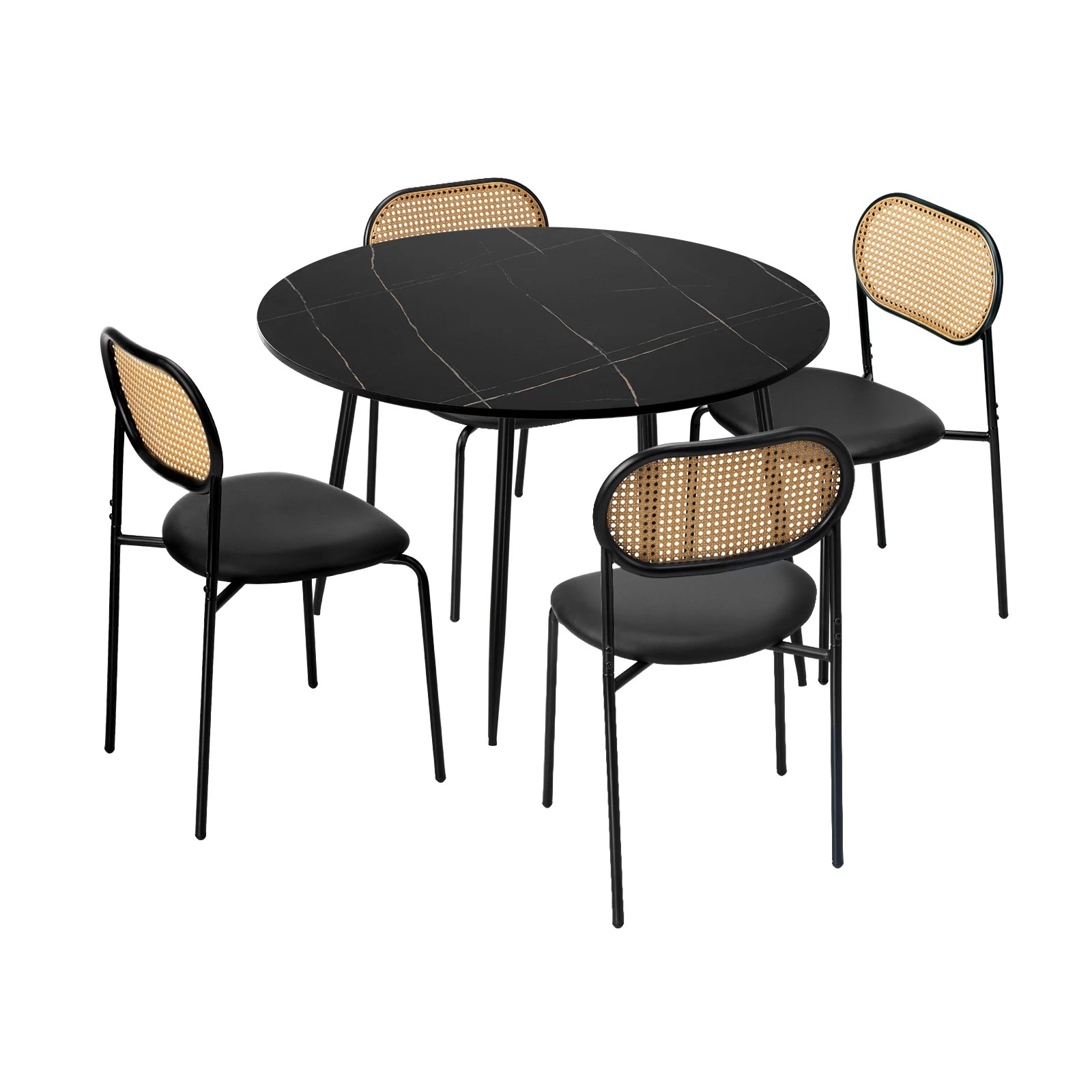 1 Oikiture 110cm Round Dining Table with 4PCS Dining Chairs PU Leather - Black, 1 of 9