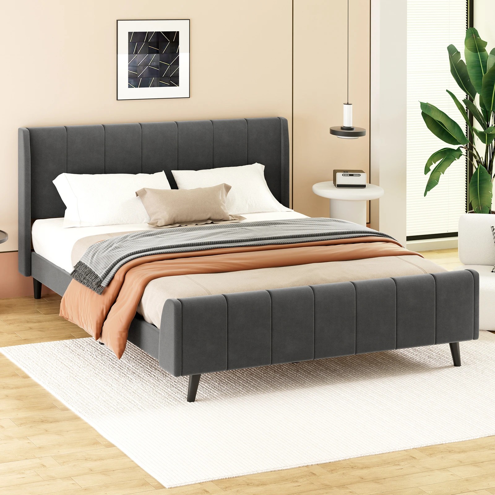 9 Alfordson Bed Frame Queen Size Tufted Headboard Base Velvet Hundolf - Grey, 9 of 10