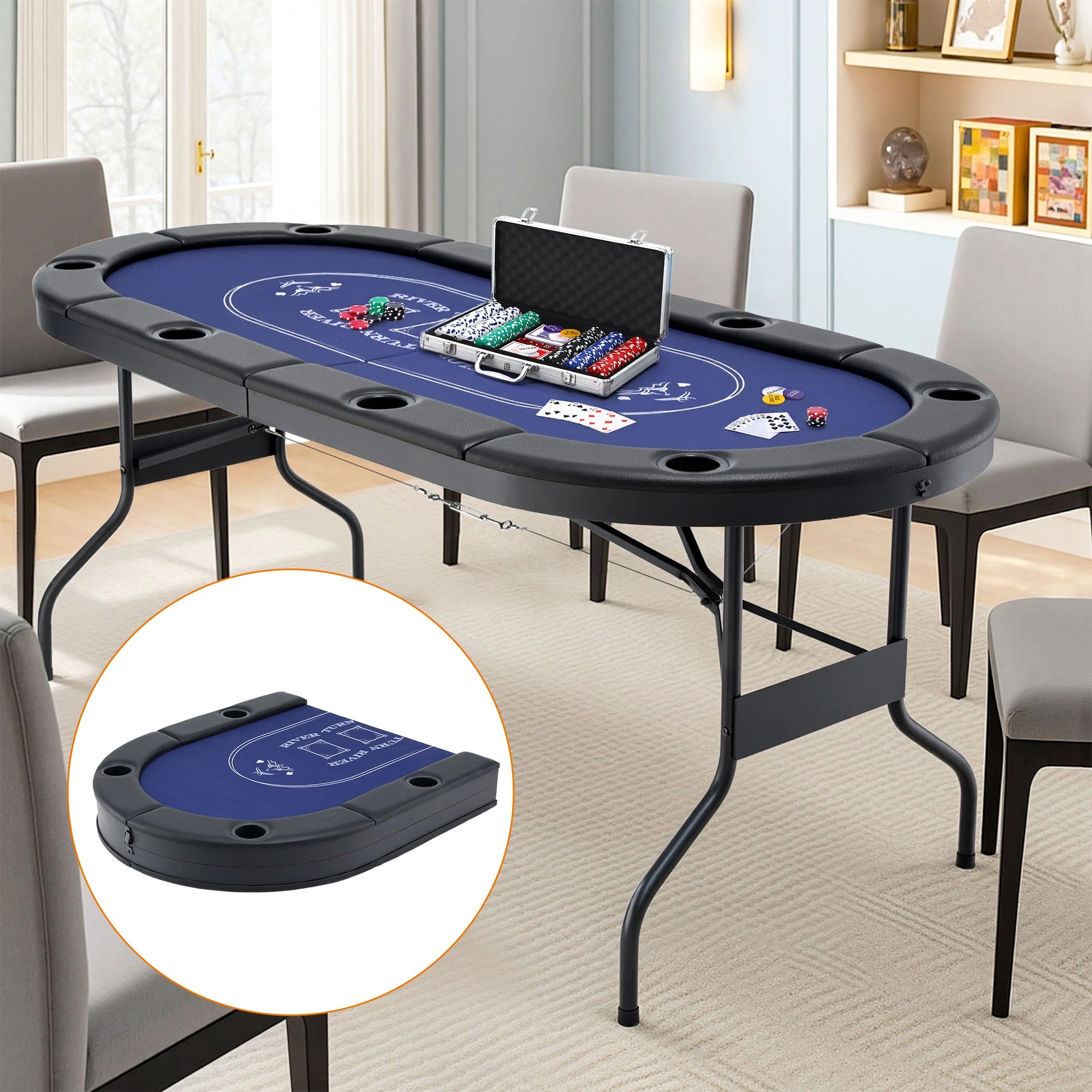 8 Everfit 8 Player 1.8m Folding Poker Table and 300pcs Chips Set Portable Card Game Layout - Multi, 8 of 8