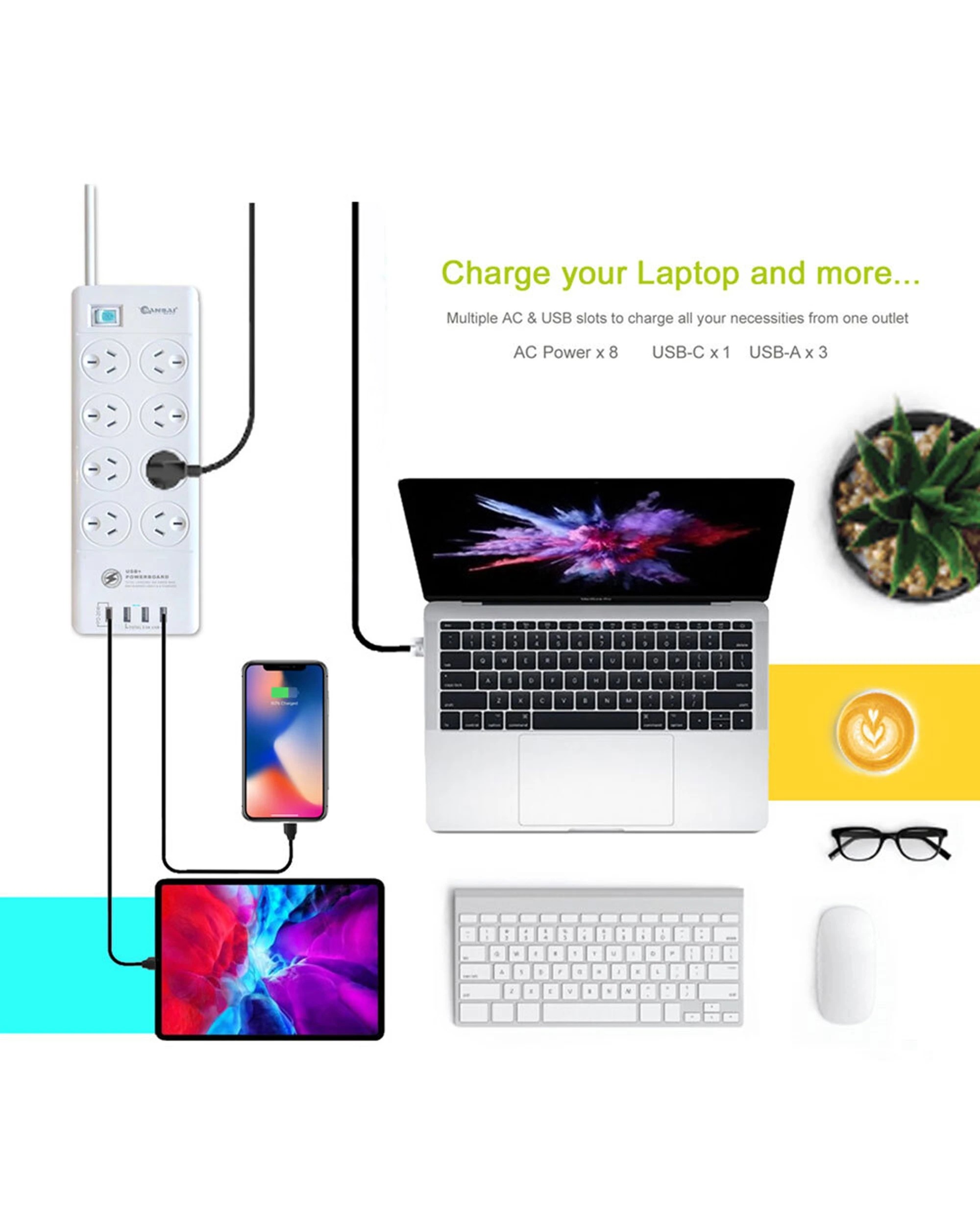4 Sansai 8 Way Power Outlet 2400W Surge Protected Board Charger Ports USB A to C - White, 4 of 5
