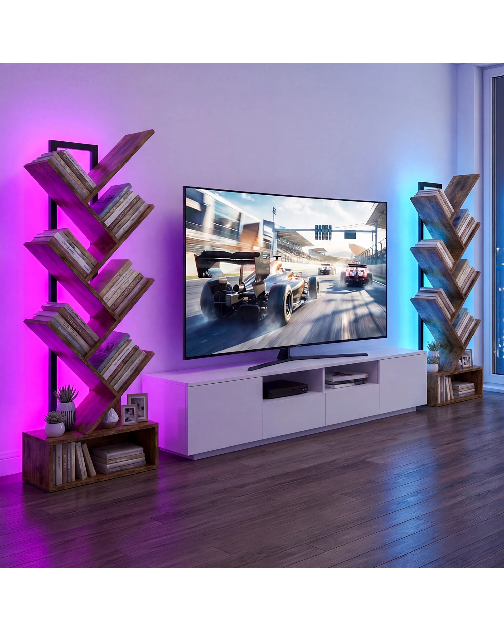 4 Advwin Tree Bookshelf with LED Lights 6-Tier Narrow Bookcase - Brown, 4 of 6