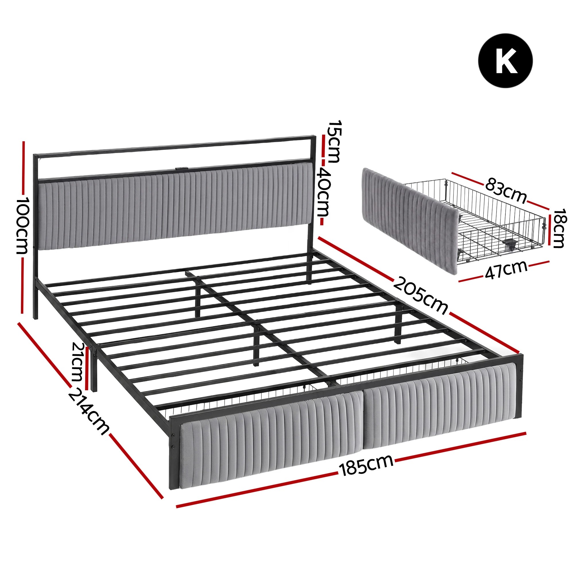 Artiss Metal Bed Frame King Size LED Charging Station 2 Drawers - Black ...
