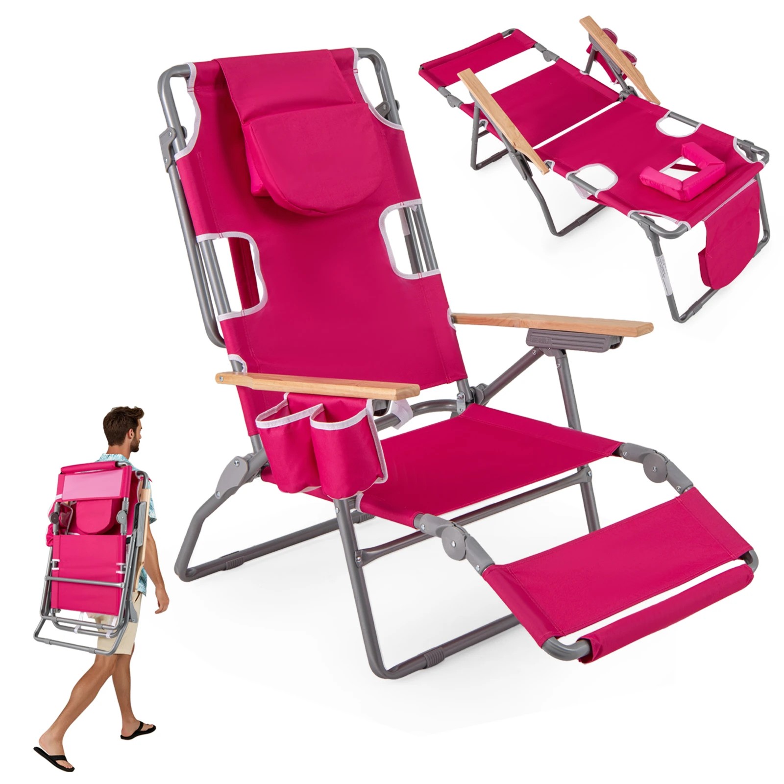 5 Costway 3-in-1 Foldable Beach Chair Portable Sunbathing Lounger w/Face Hole - Pink, 5 of 5