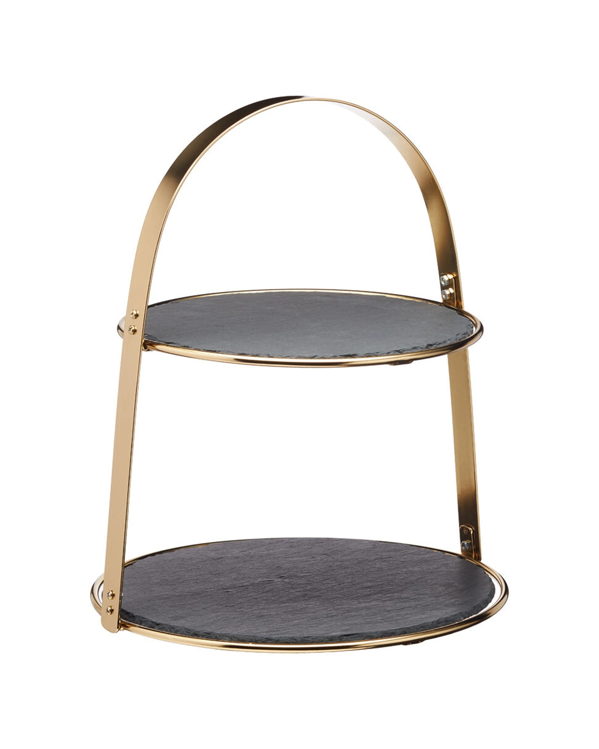 1 Artesa 2 Tier Brass Cake Dessert Stand With Round Rustic Slate Serving Plate - Natural, 1 of 1