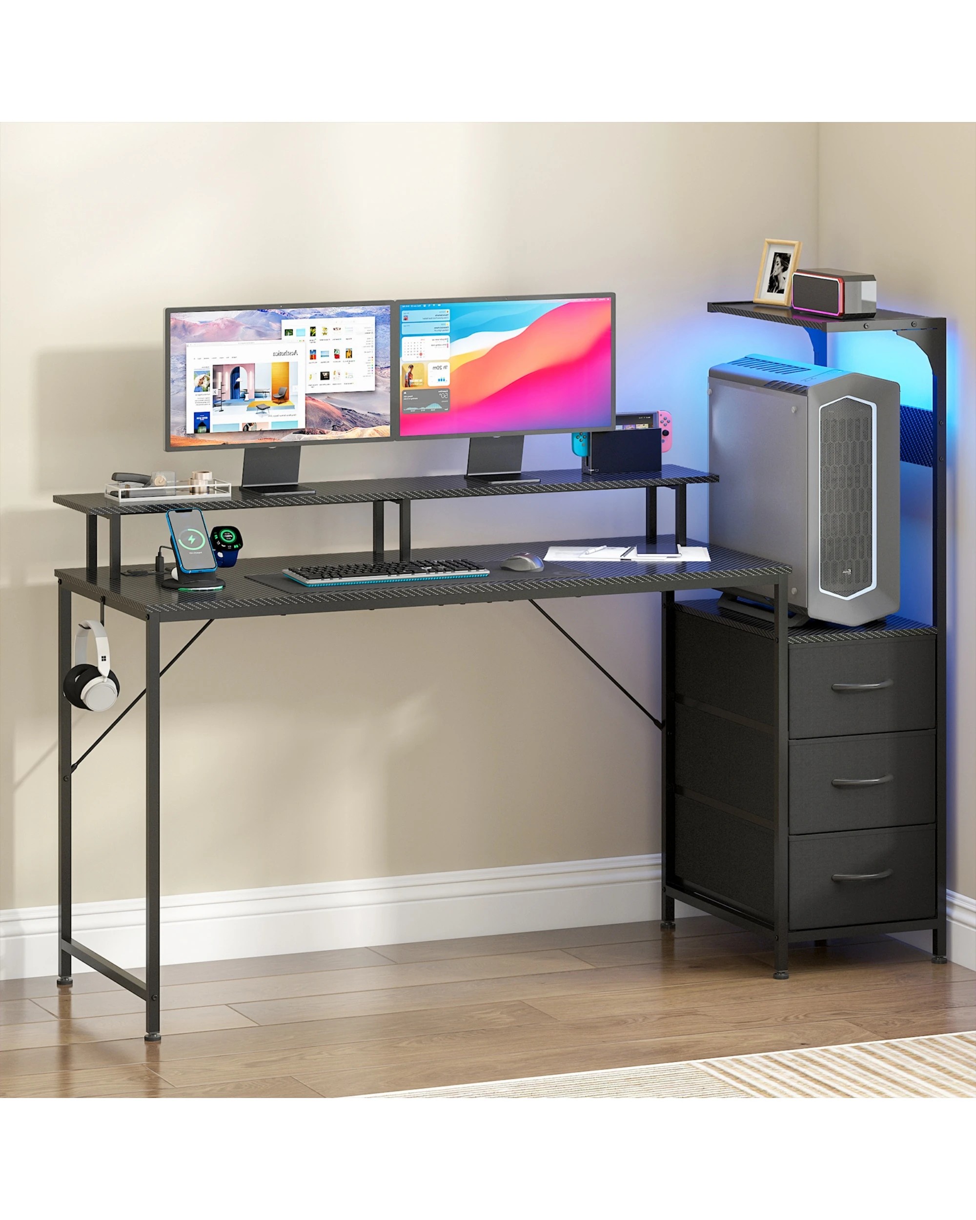 3 Advwin Gaming Desk with LED Lights & Power Outlets Reversible Storage Shelf 150cm Computer Desk, 3 of 10