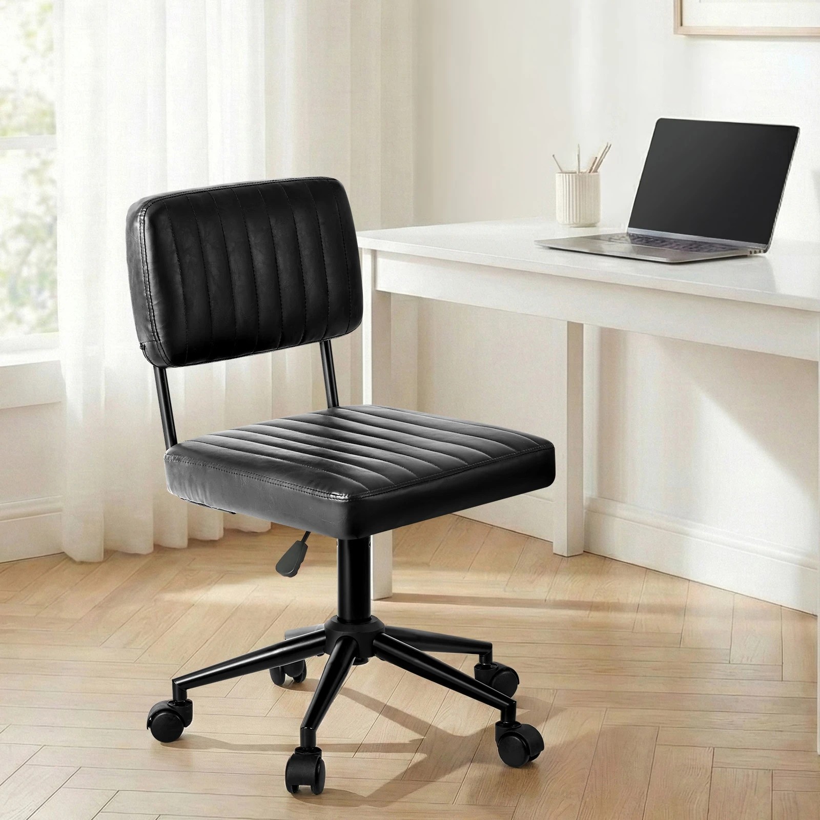 3 Oikiture Mid Back Armless Office Chair Swivel Computer Gaming Seat Leather - Black, 3 of 7