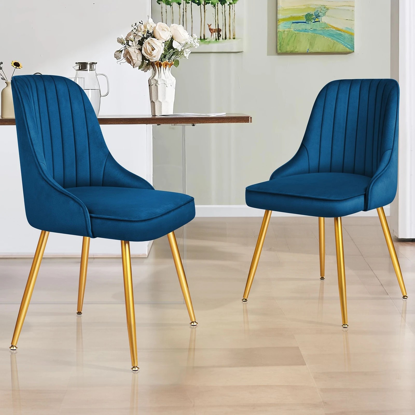 2 Alfordson 2x Dining Chairs Kitchen Accent Lounge Padded Tufted Seat Velvet - Blue, 2 of 9