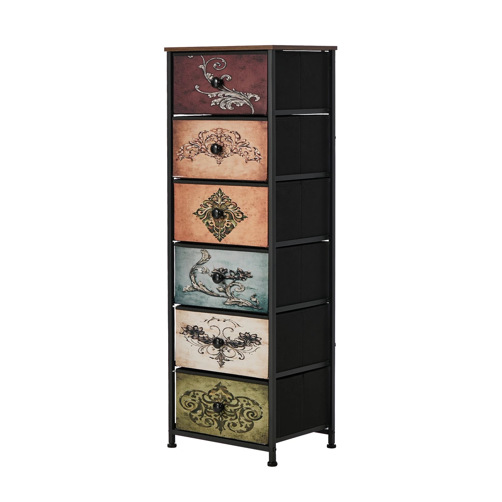 1 Oikiture 6 Chest Of Drawers Retro Tallboy Printed Foldable Fabric Drawers - Multi, 1 of 6