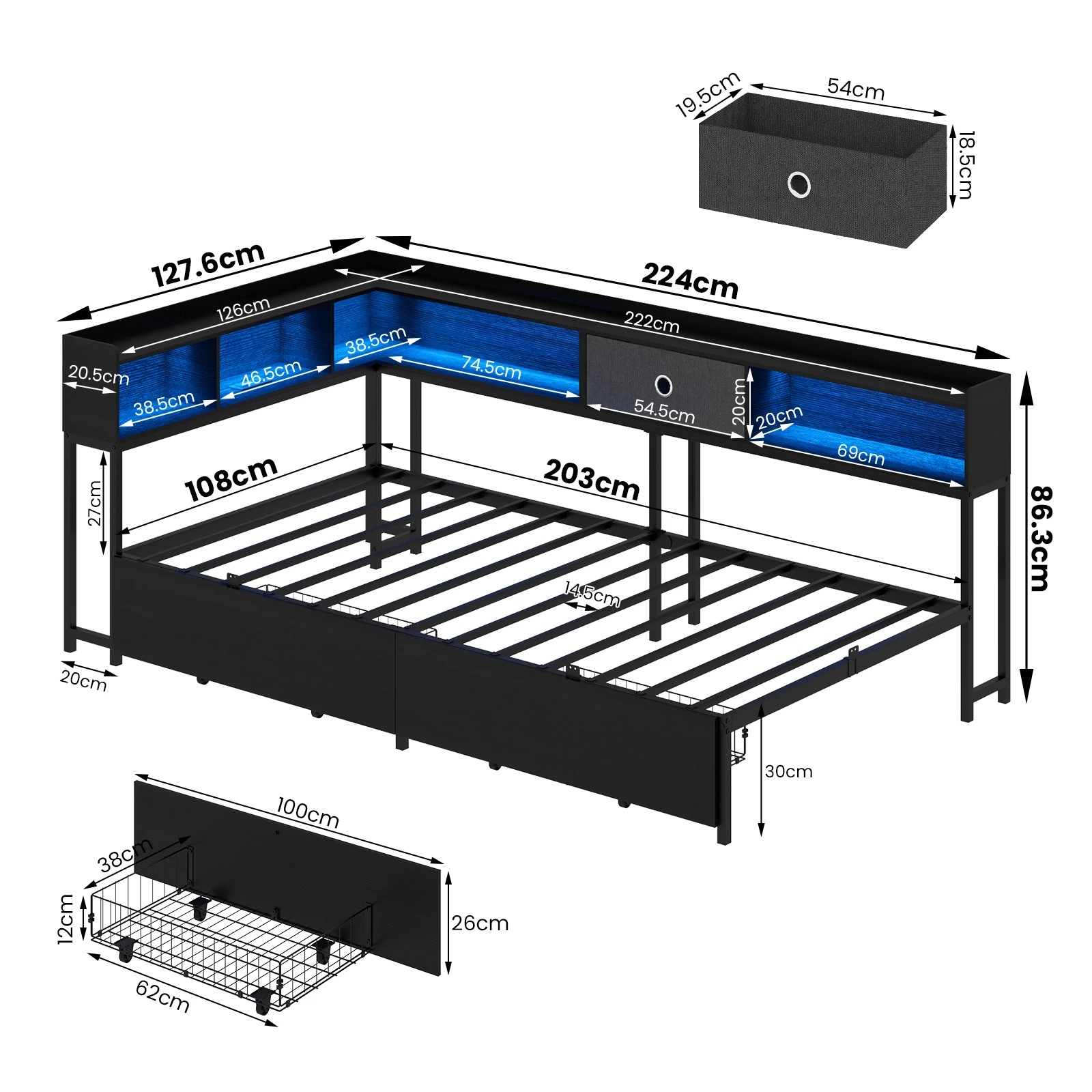 3 Advwin King Single Corner Bed Frame with Storage Drawers, Charging Station and LED Lights - Black, 3 of 10