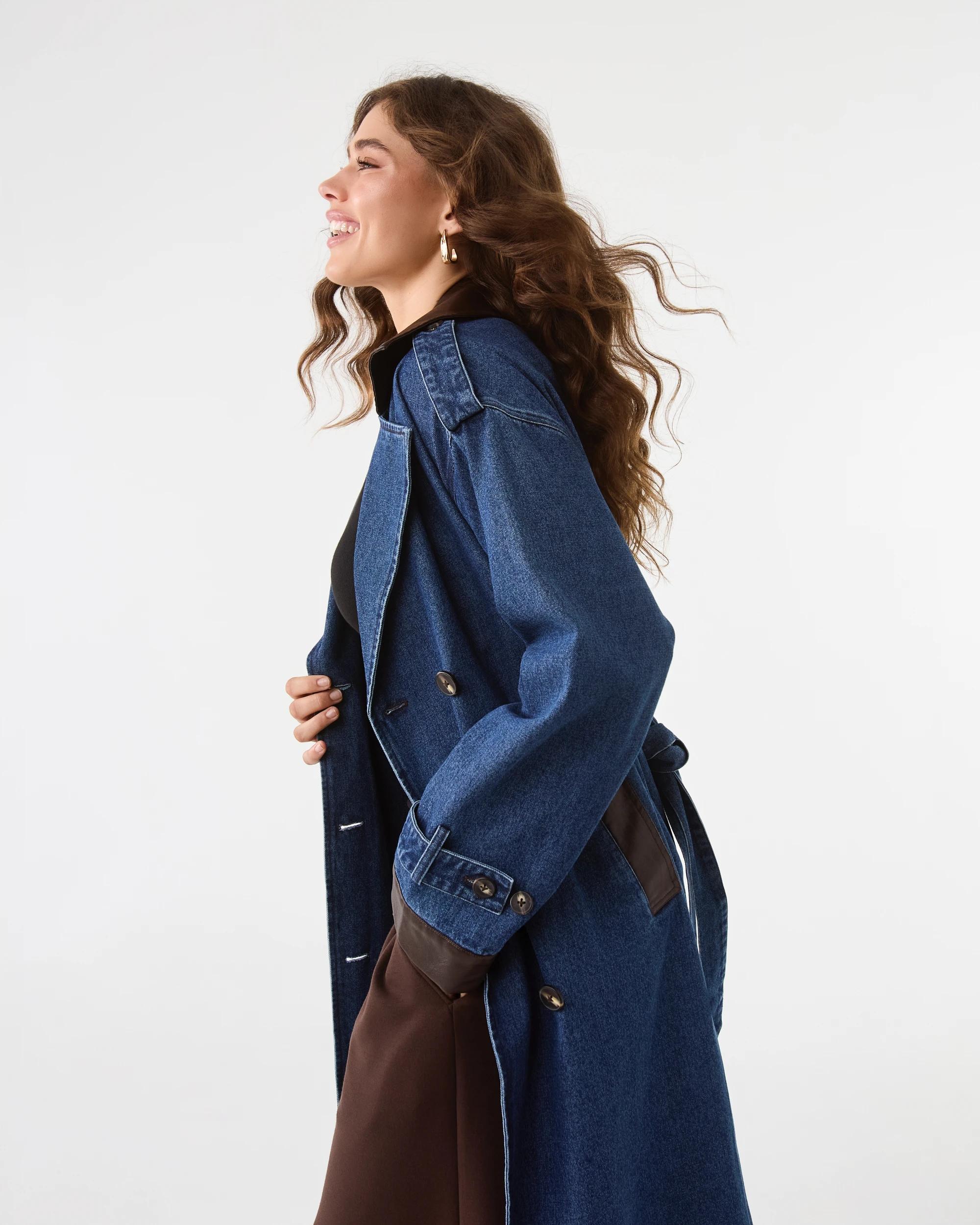 8 Leather Look Trim Denim Trench Coat Dark Wash, 8 of 9