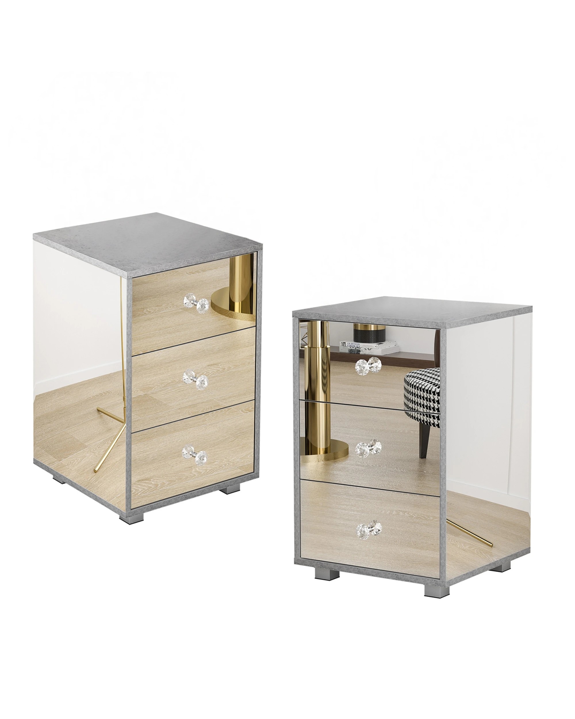 1 Advwin 3 Drawers Bedside Table Set of 2 Mirrored Nightstand, 1 of 3