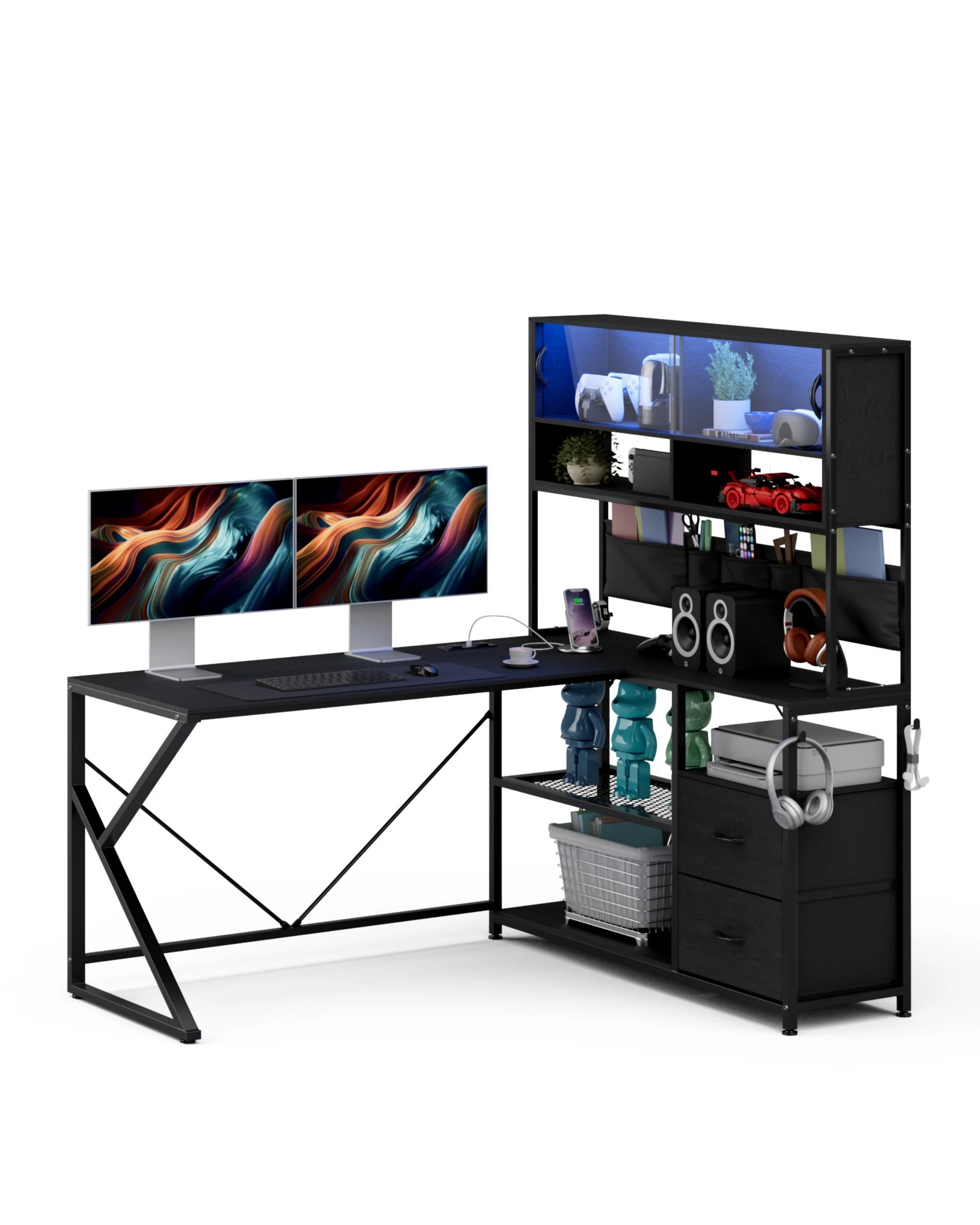 1 Advwin L Shaped Gaming Desk with LED Lights & Power Outlets Reversible 130cm Computer Desk  - Black, 1 of 9